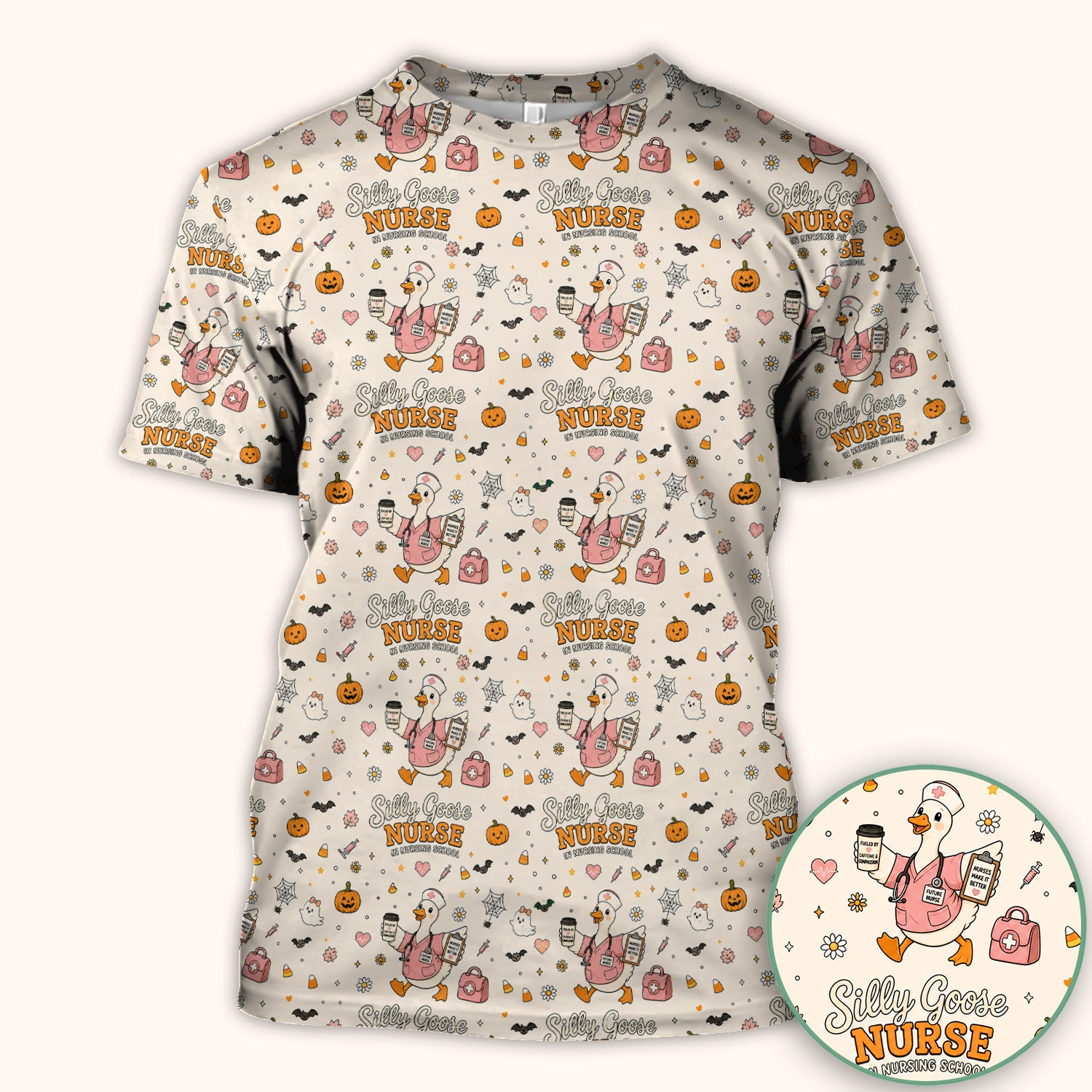 Funny Halloween Silly Goose Pattern Scrub Top, Comfortable Scrubs for Nurses