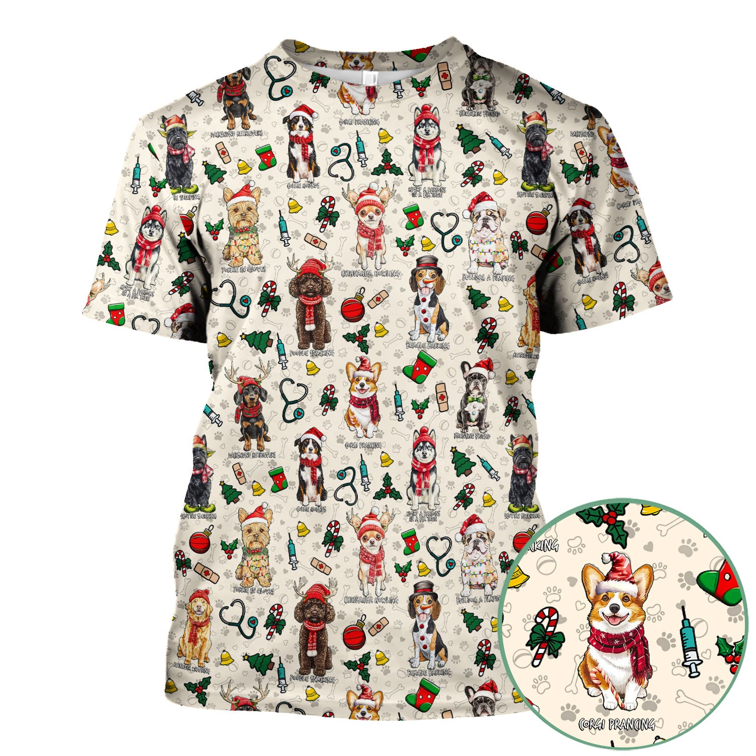Christmas Dog Scrubs for Nurses – Dachshund, Husky, Poodle, Corgi & Labrador Holiday Scrub Top – Funny Santa Pattern Medical Shirt