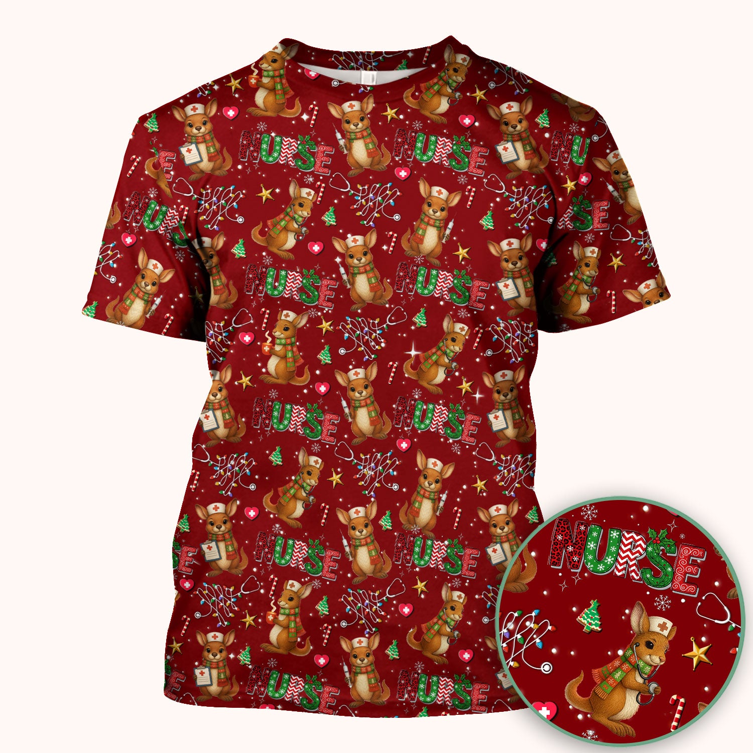 Christmas Kangaroo Nurse Scrub Top - Cute Aussie Holiday Medical Uniform - Funny Xmas Scrubs for Women