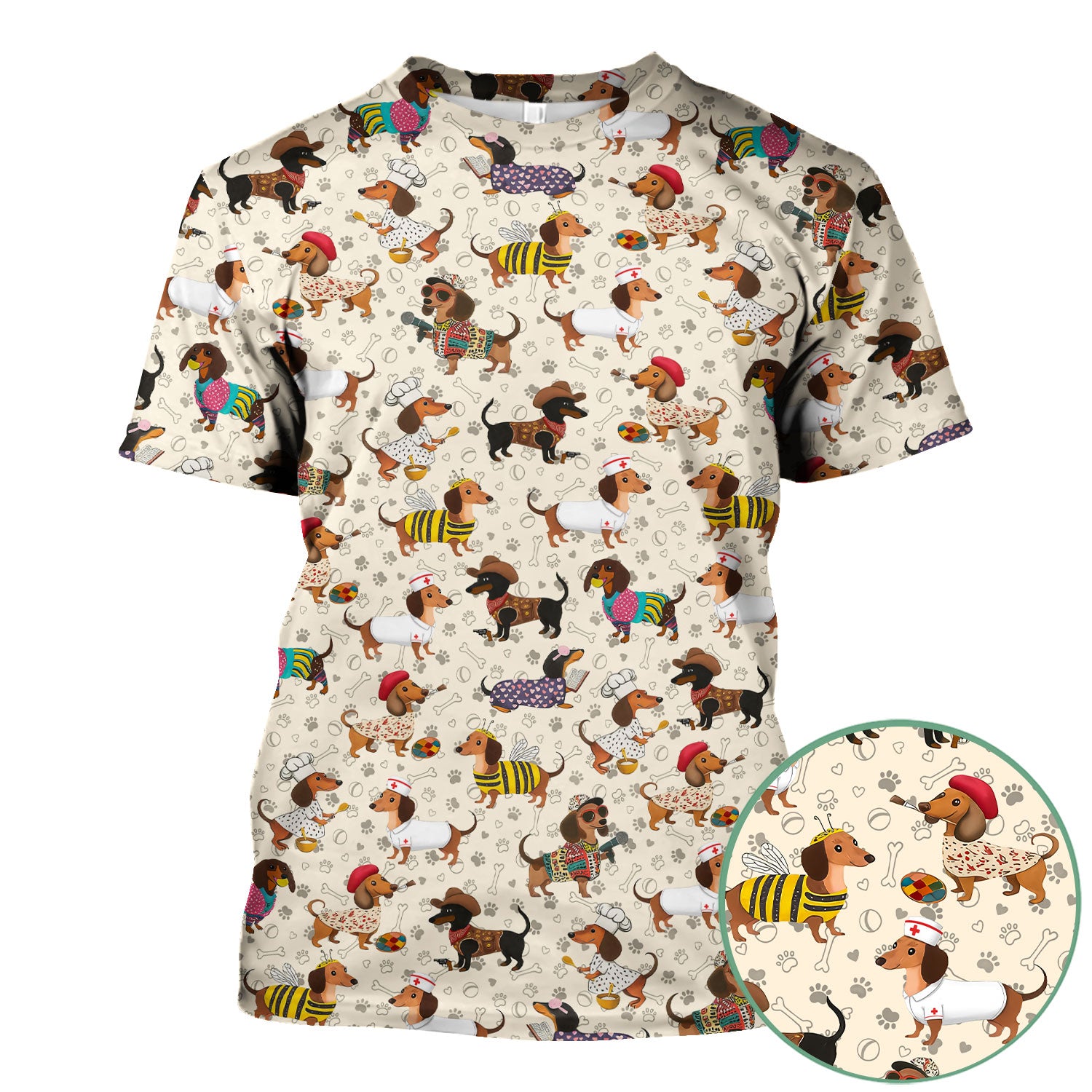 Funny Dachshund Scrub Top for Nurses - Wiener Dog in Bee, Chef, Nurse Costumes - Cute Sausage Dog Medical Shirt RN CNA LPN