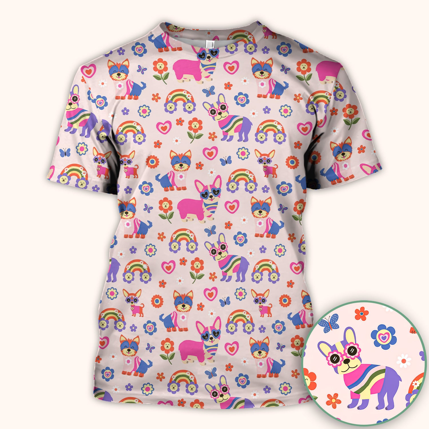 Colorful Cartoon Dogs With Rainbow Flowers Pattern Scrub Top, Breathable Fabrics Nursing Uniform