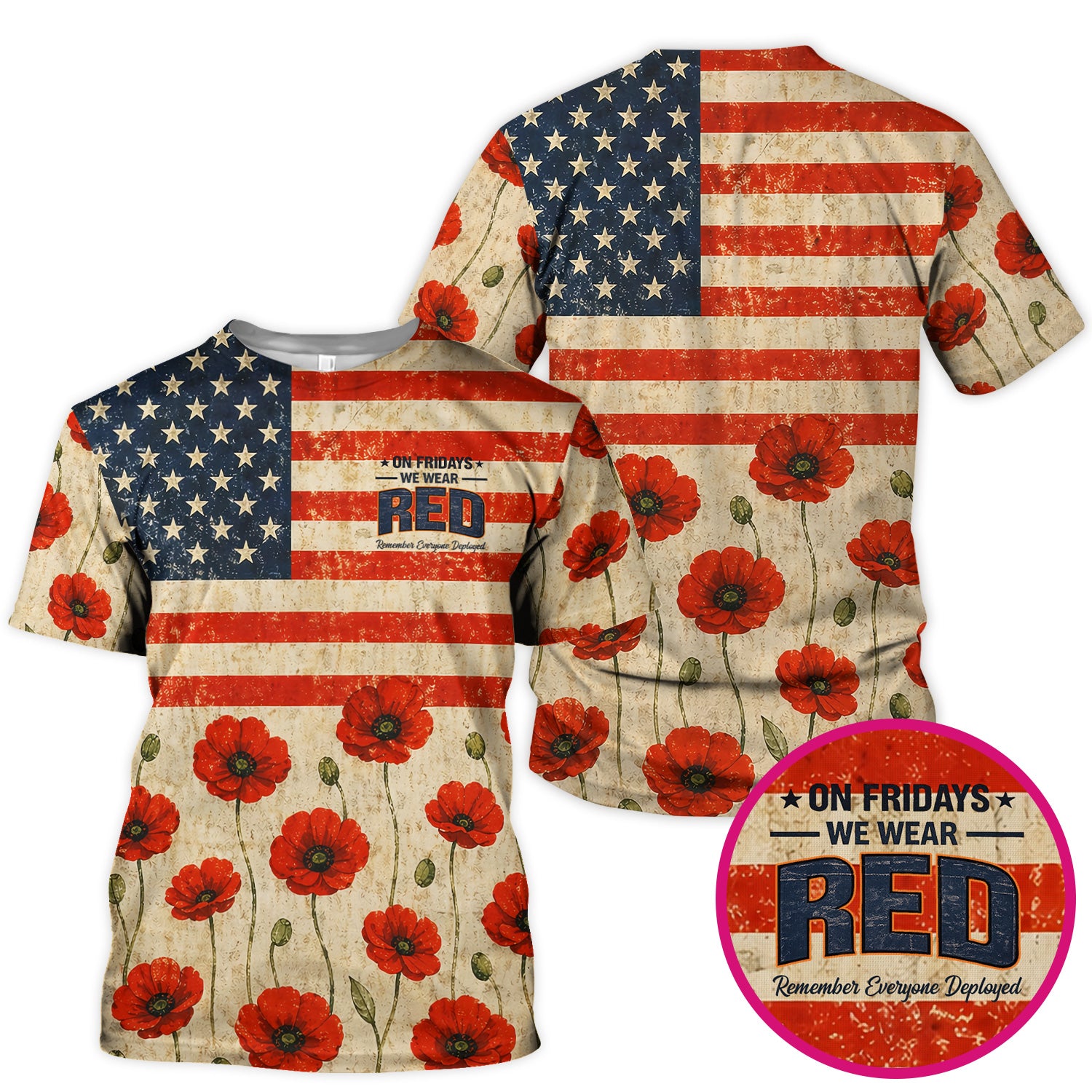 Patriotic American Flag Poppy Flower Pattern Scrub Top, Comfortable Scrubs for Nurses
