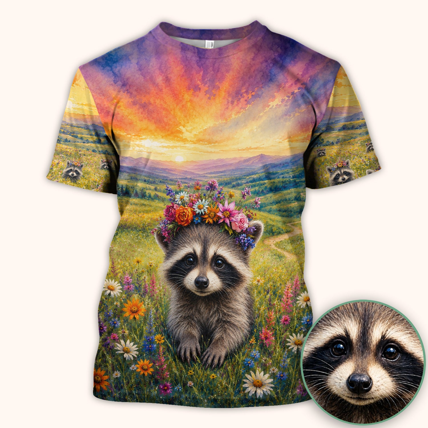 Floral Raccoon Meadow Veterinary Nurse Pattern Scrub Top, Comfortable Scrubs for Nurses