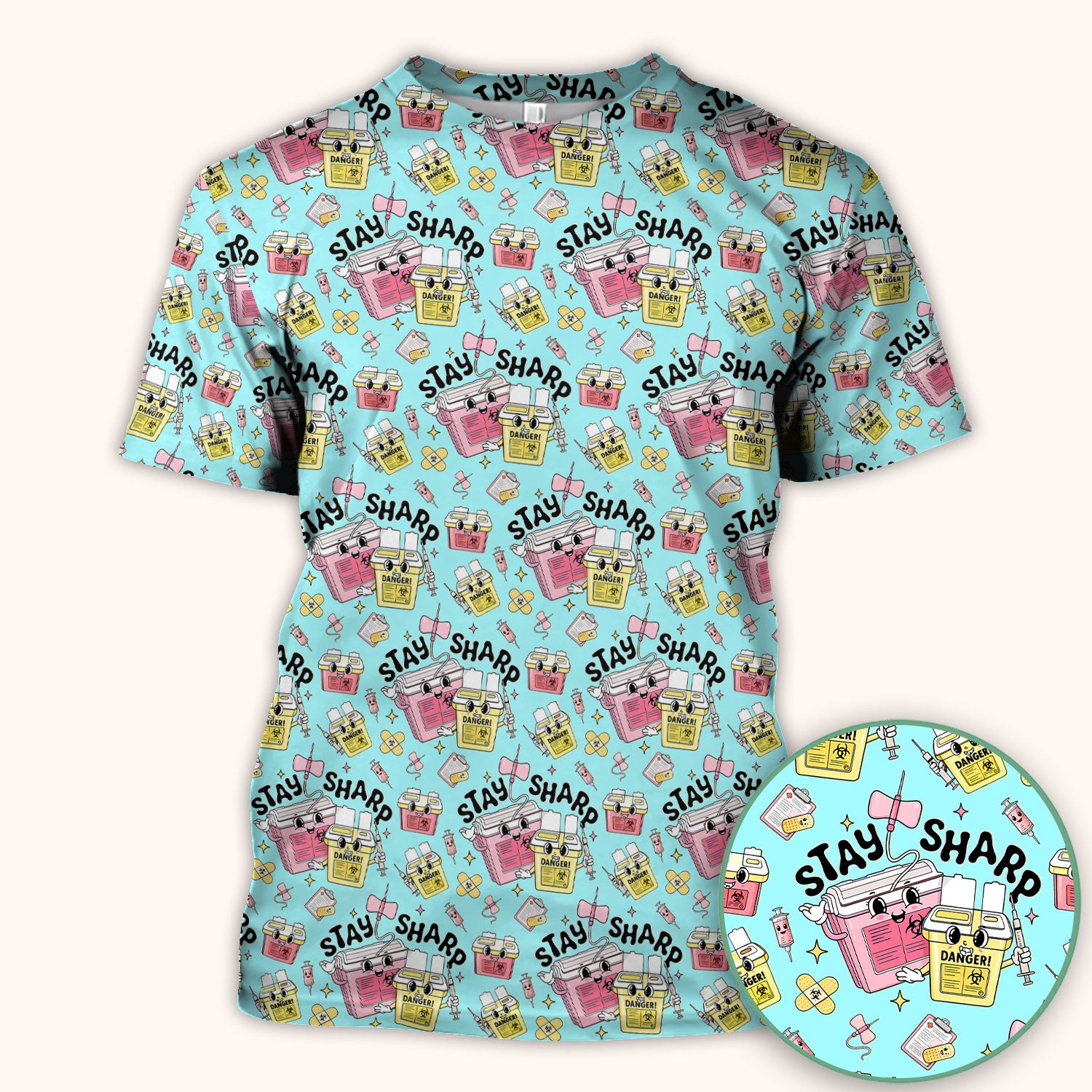 Stay Sharp Nurse Scrub Top, Cute Medical Pattern Scrubs, Breathable Fabrics Nursing Uniform