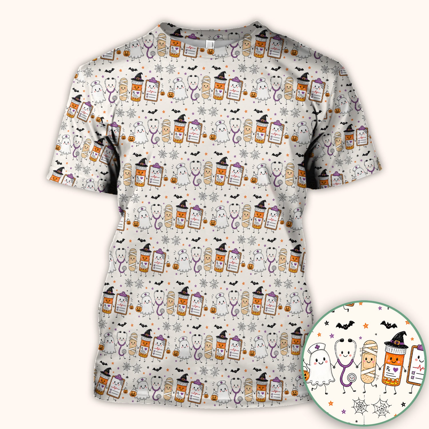 Halloween Medical Characters Print Scrub Top, Comfortable Scrubs for Nurses