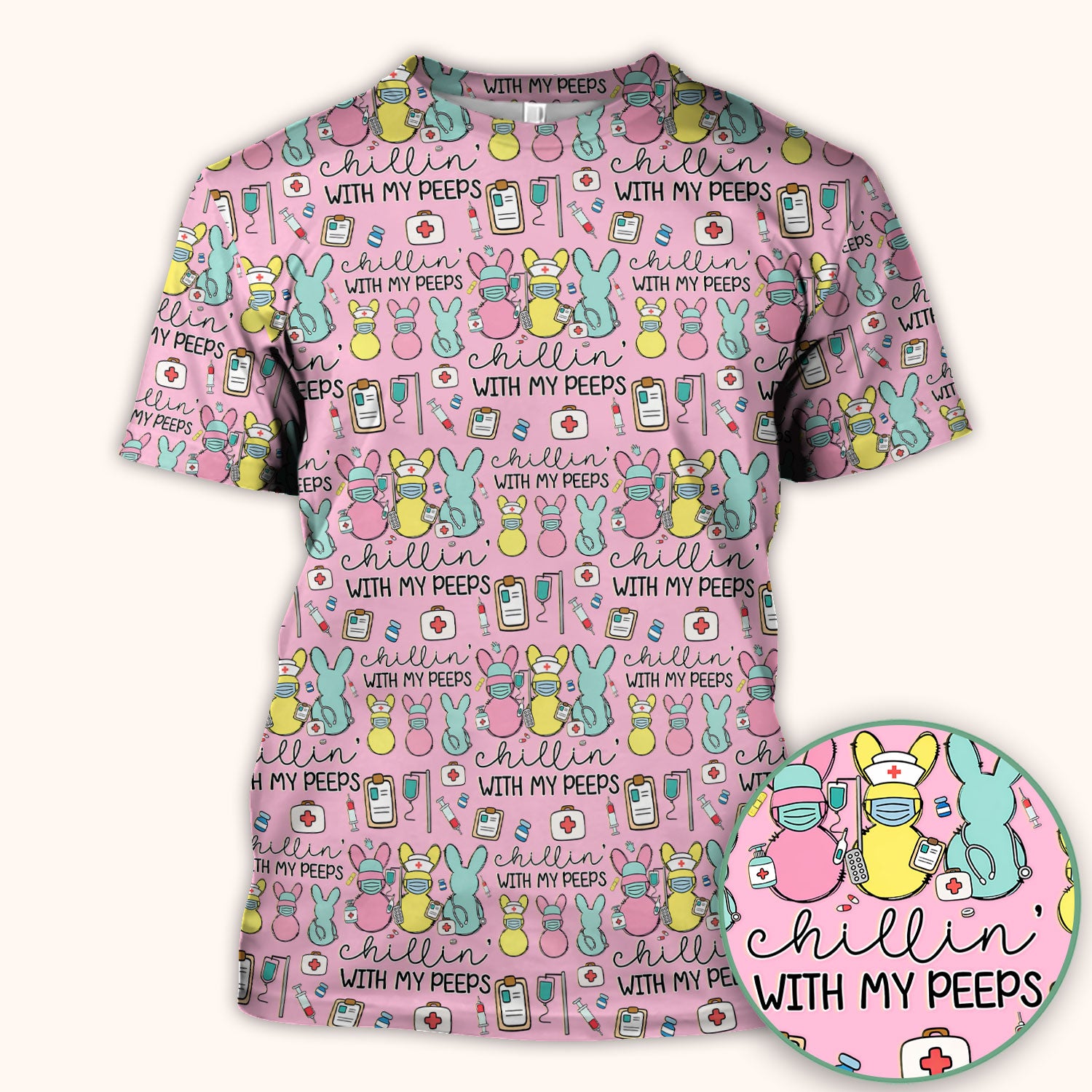 Cute Bunny Nurse Chillin With My Peeps Scrub Top, Comfortable Scrubs for Nurses, Easter
