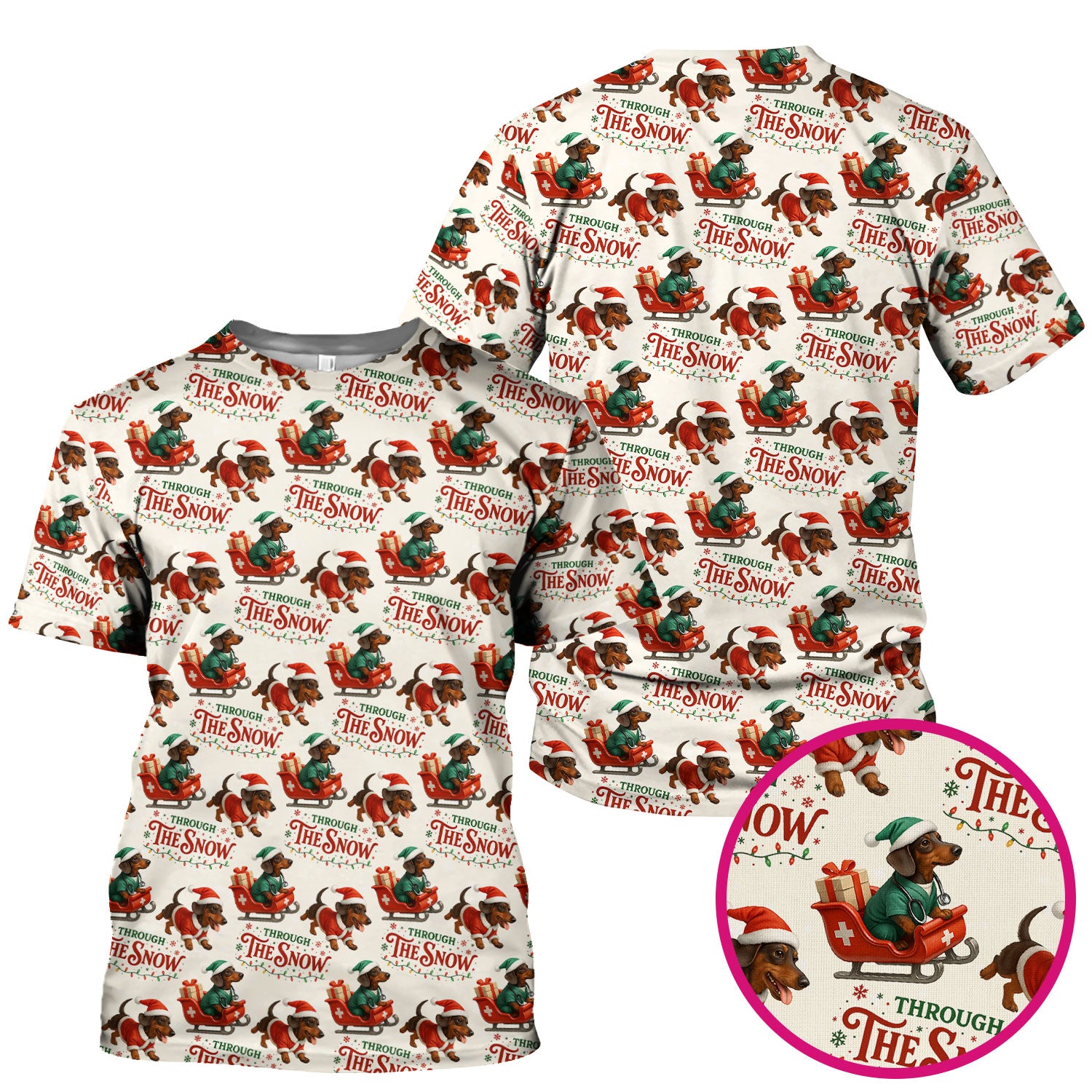 Dachshund Christmas Scrub Top, Cute Dog Nurse Scrub Shirt, Through The Snow Pattern Nursing Uniform