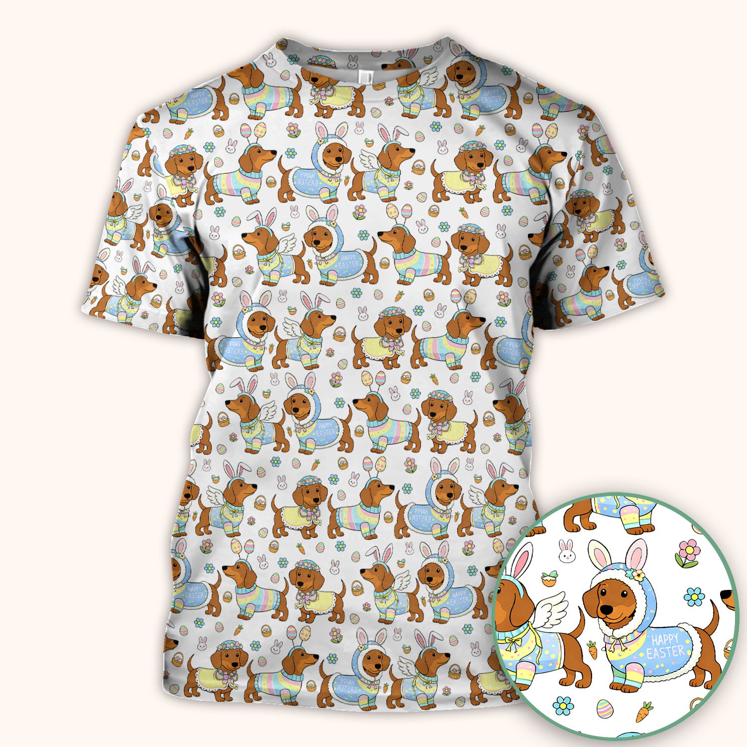 Easter Dachshund Bunny Print Scrub Top, Breathable Fabrics Nursing Uniform