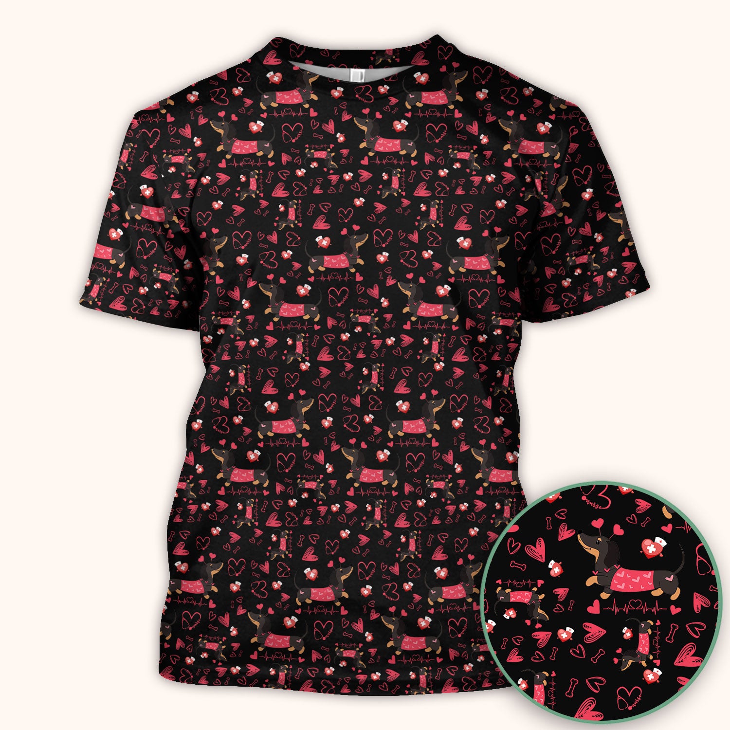 Dachshund Valentine Scrub Top, Cute Wiener Dog Heart Pattern Nurse Shirt, Breathable Fabrics Nursing Uniform