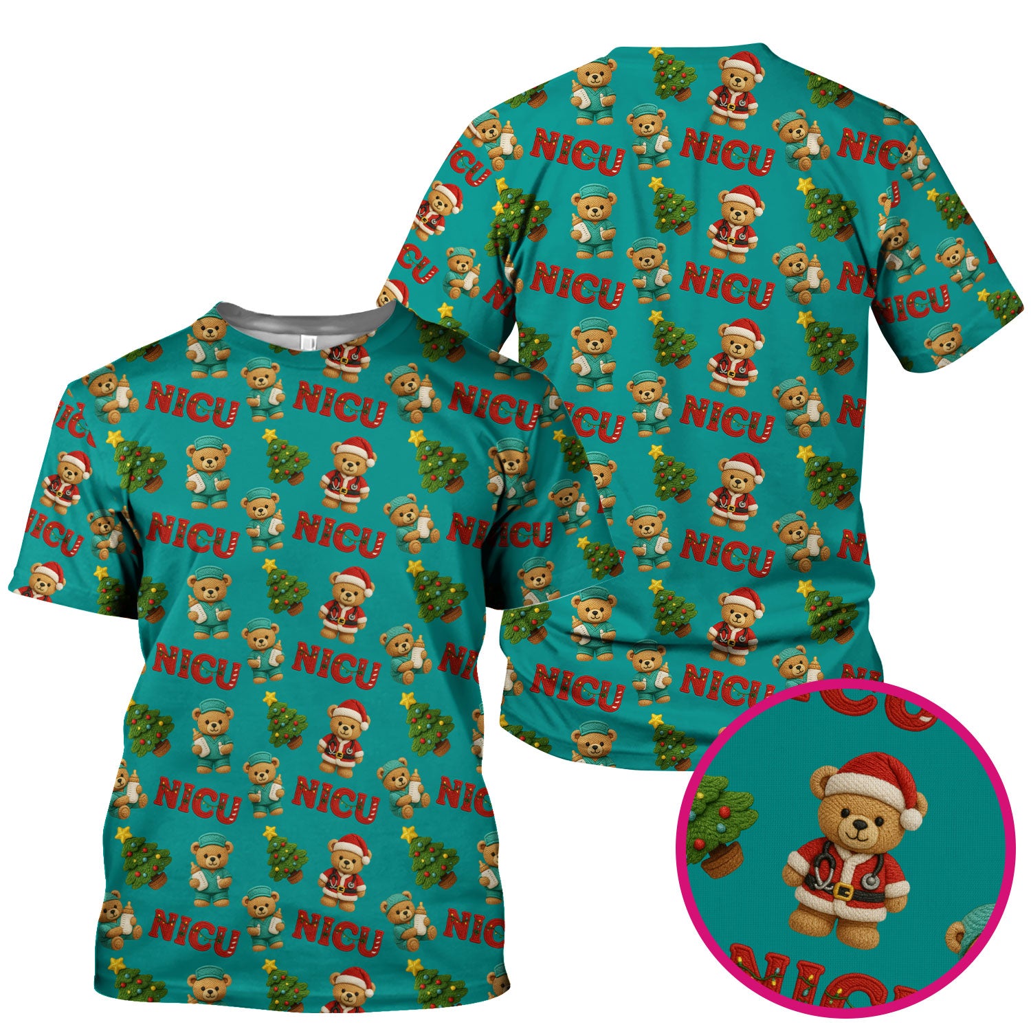 Festive Christmas NICU Nurse Teddy Bear Pattern, Breathable Fabrics Nursing Uniform