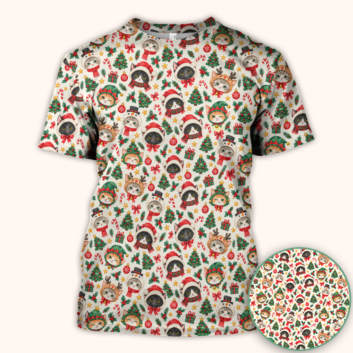 Christmas Cats And Trees Pattern Scrub Top, Comfortable Scrubs for Nurses