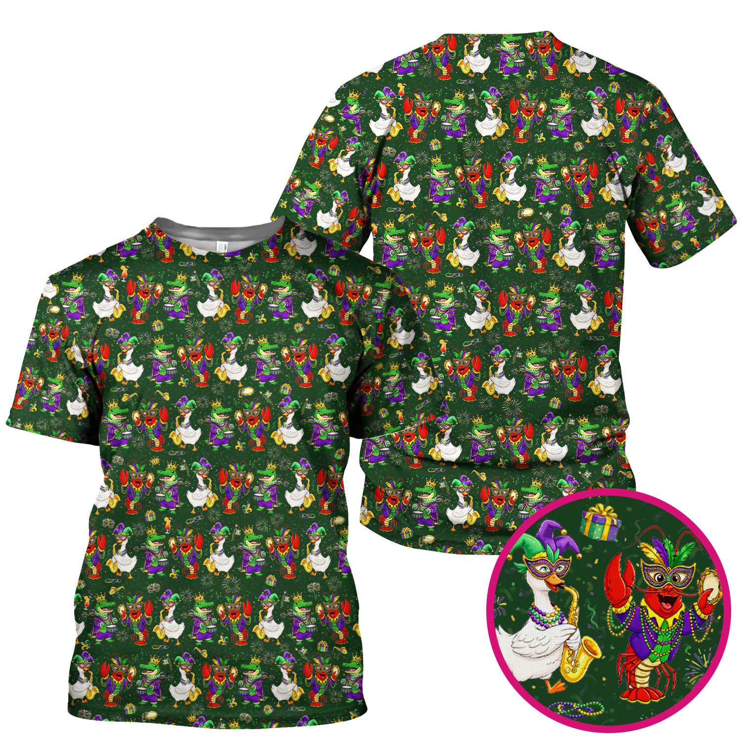 Crawfish And Duck Carnival Scrub Top, Mardi Gras Parade Pattern Nurse Shirt, Breathable Fabrics Nursing Uniform