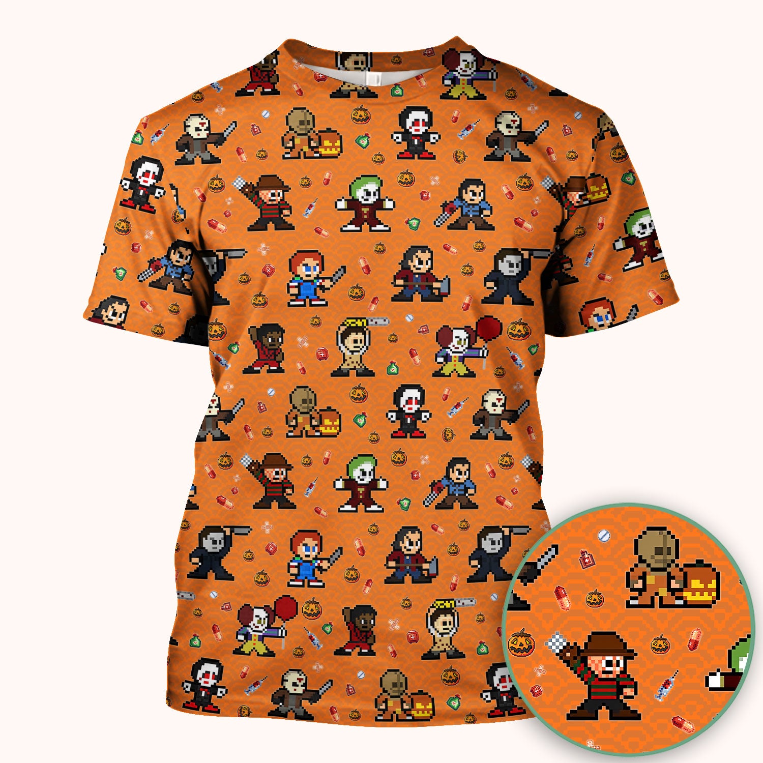 Halloween Horror Pixel Scrub - Retro Scary Character Med Uniform - Comfortable Scrubs for Nurses - Spooky Gift for RN LPN CNA