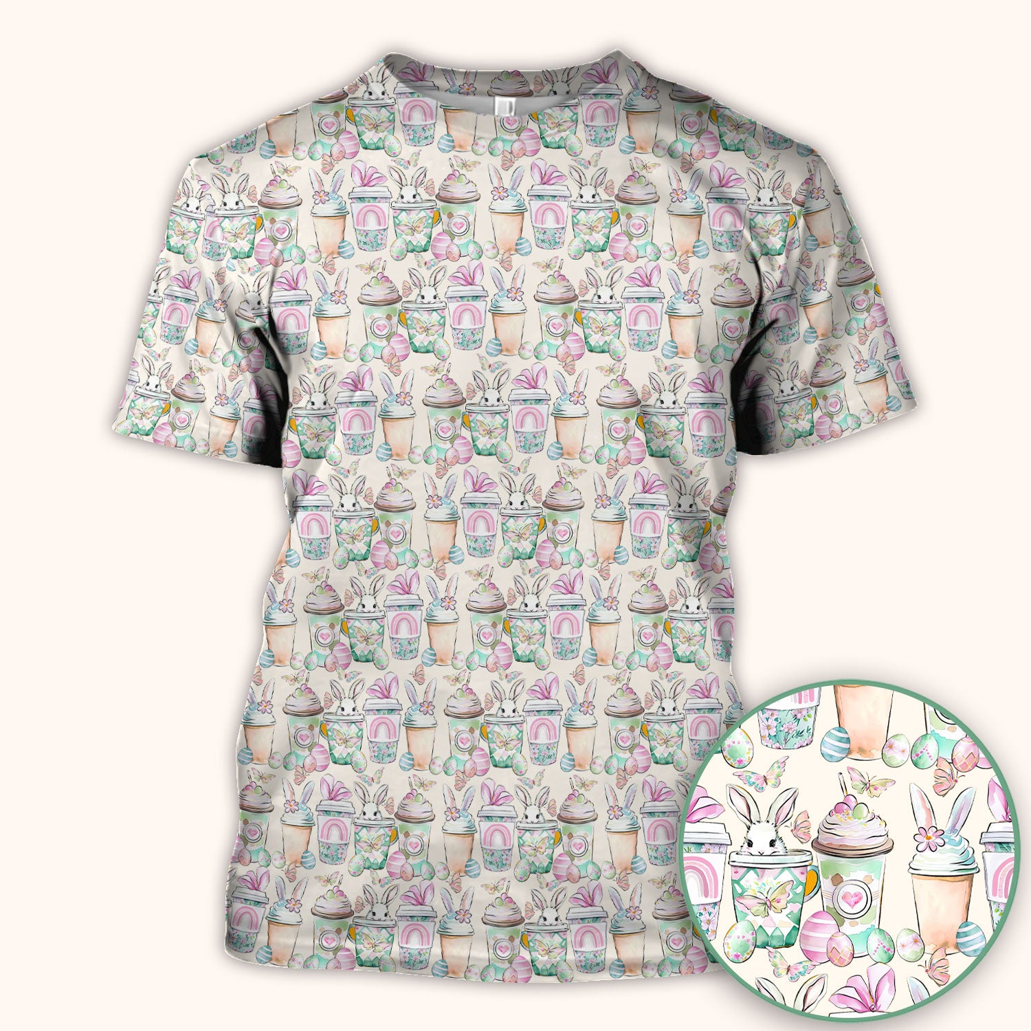 Cute Easter Bunny Coffee Cup Pattern Scrub Top, Comfortable Scrubs for Nurses
