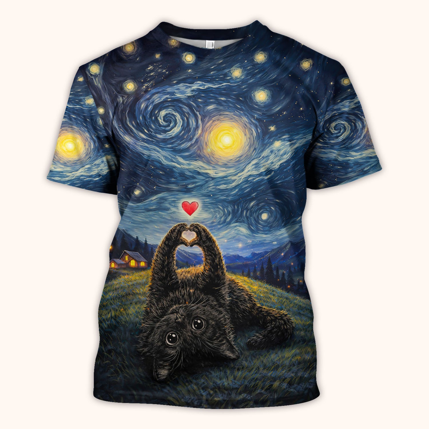 Starry Night Black Cat Heart Art Scrub Top, Breathable Fabrics Nursing Uniform