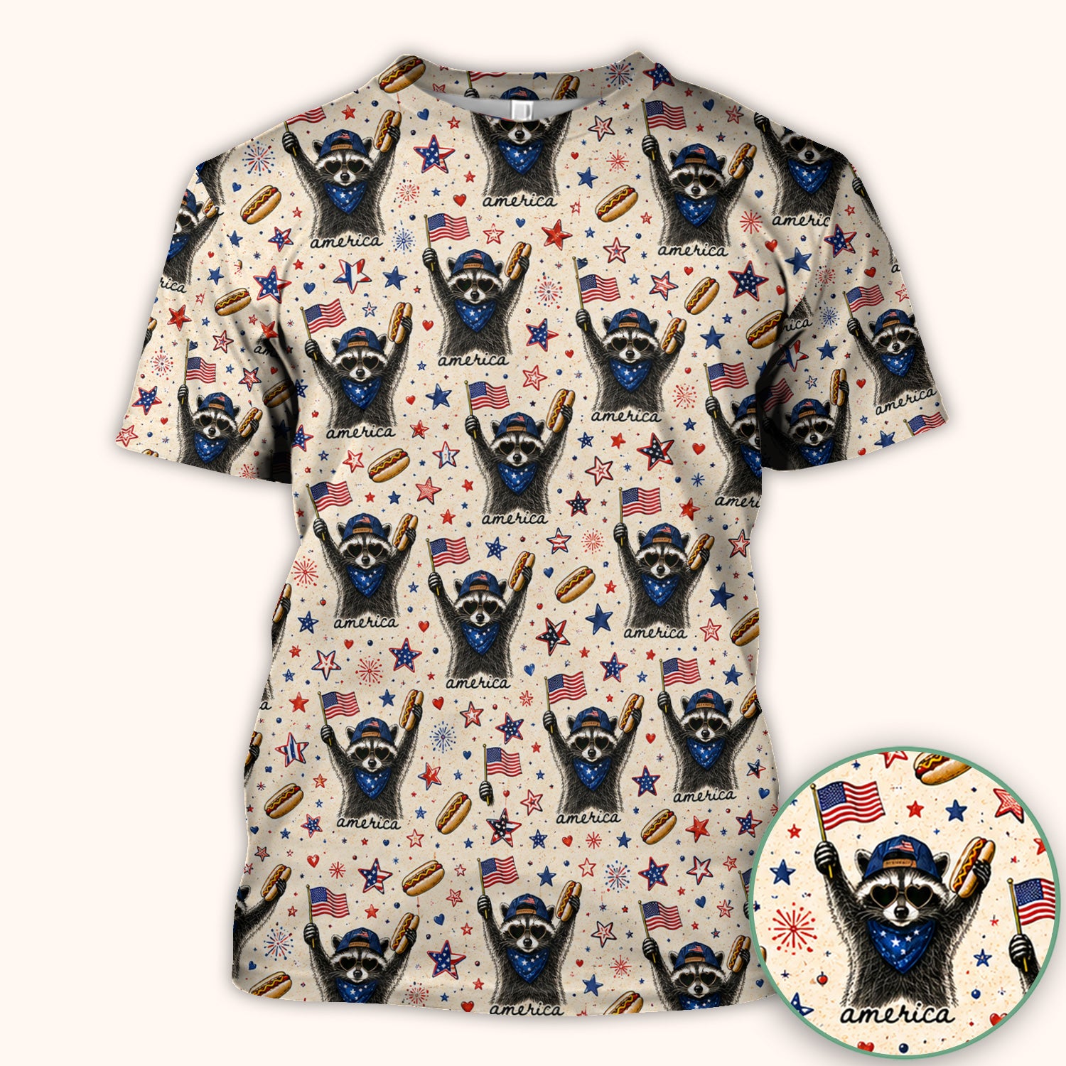 Patriotic Raccoon America Hotdog Pattern Scrub Top, Comfortable Scrubs for Nurses