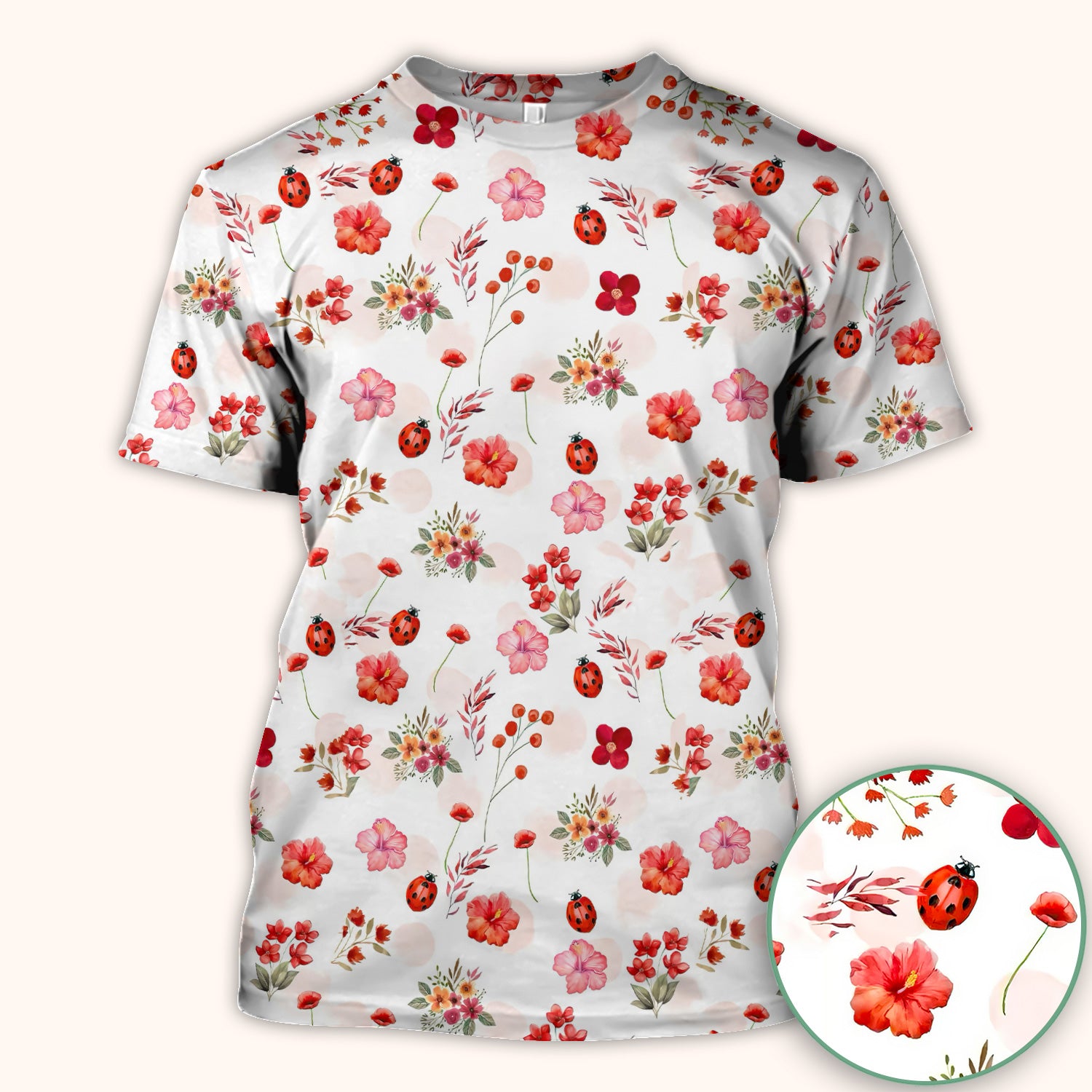 Red Ladybug Floral Garden Pattern Scrub Top, Comfortable Scrubs for Nurses