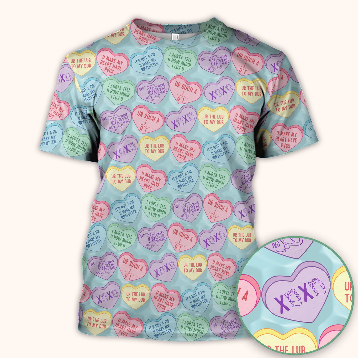 Medical Candy Heart Valentine Pattern Scrub Top, Fun Medical Pattern, Comfortable Scrubs for Nurses