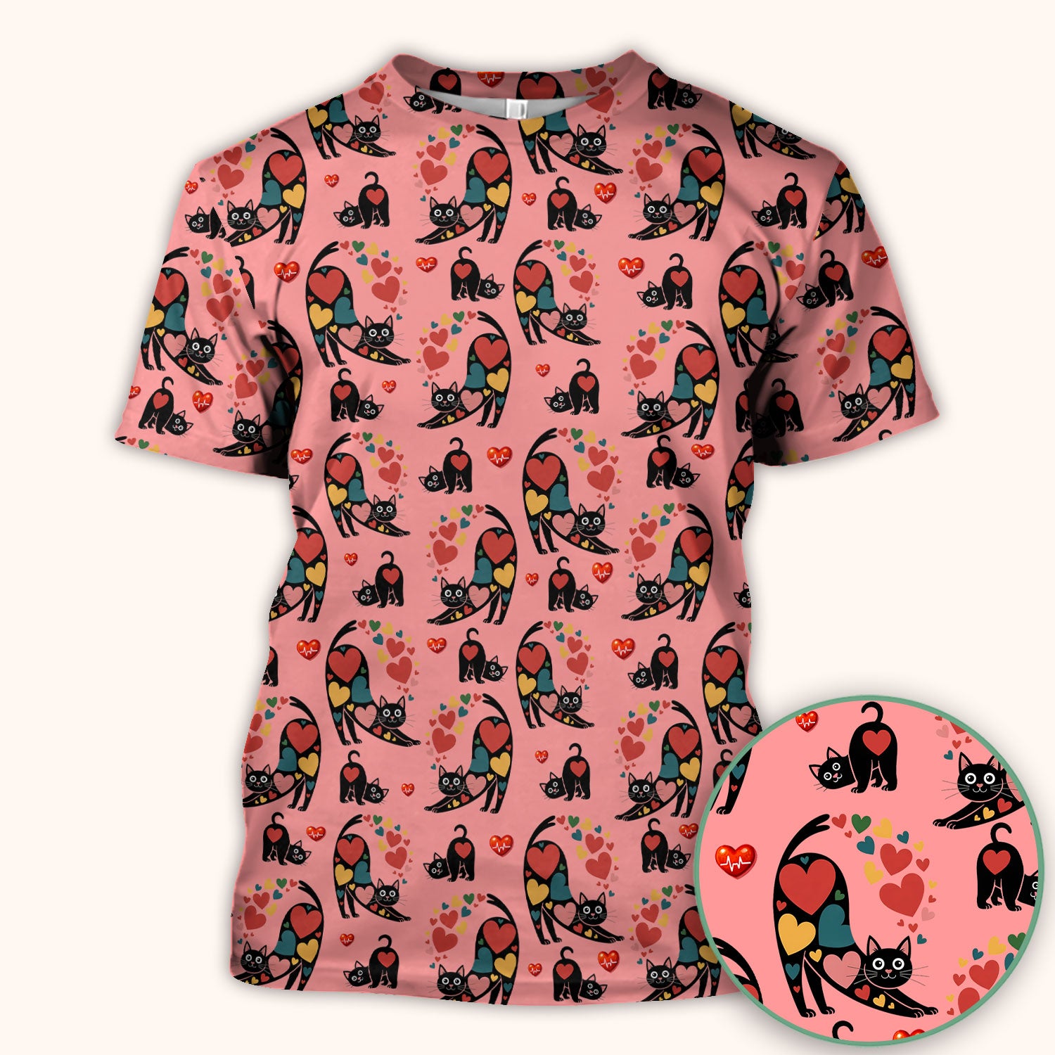 Playful Cat Valentine Heart Print Nurse Scrub Top, Comfortable Scrubs for Nurses