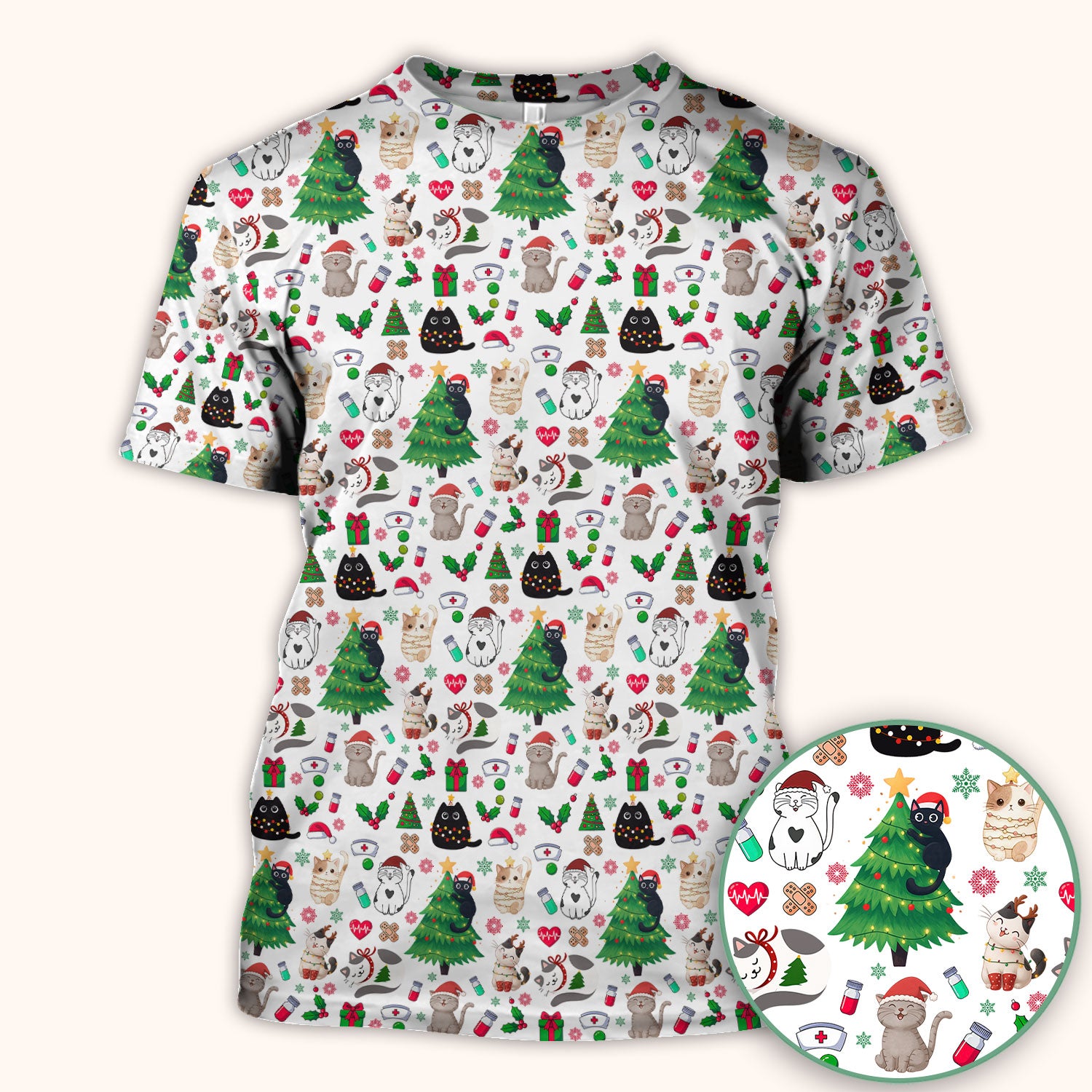 Christmas Cat Scrub Top, Xmas Pet Pattern Scrub Shirt, Breathable Fabrics Nursing Uniform