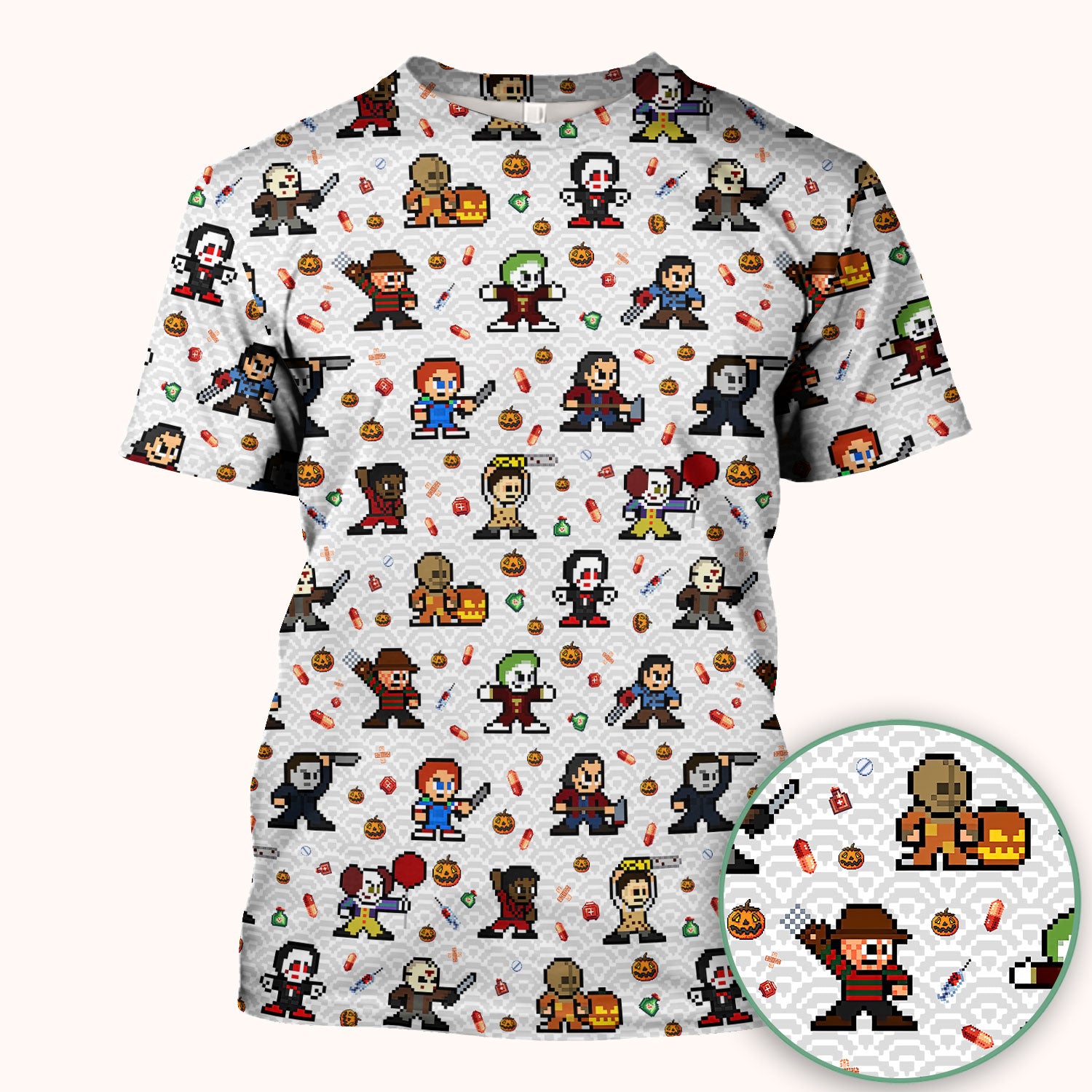 Halloween Horror Pixel Scrub - Retro Scary Character Med Uniform - Comfortable Scrubs for Nurses - Spooky Gift for RN LPN CNA