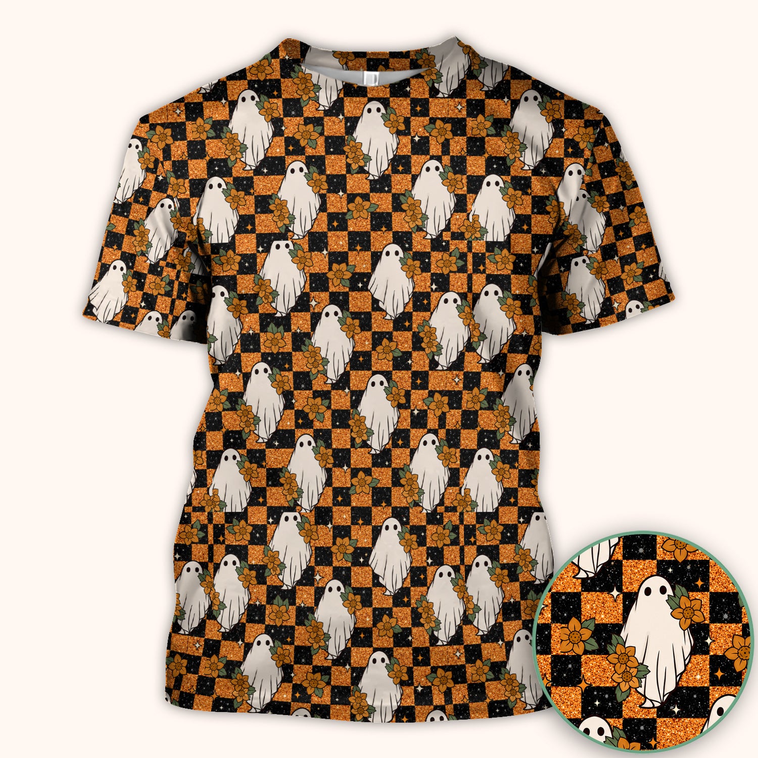 Spooky Halloween Ghost Checkerboard Scrub Top, Comfortable Scrubs for Nurses
