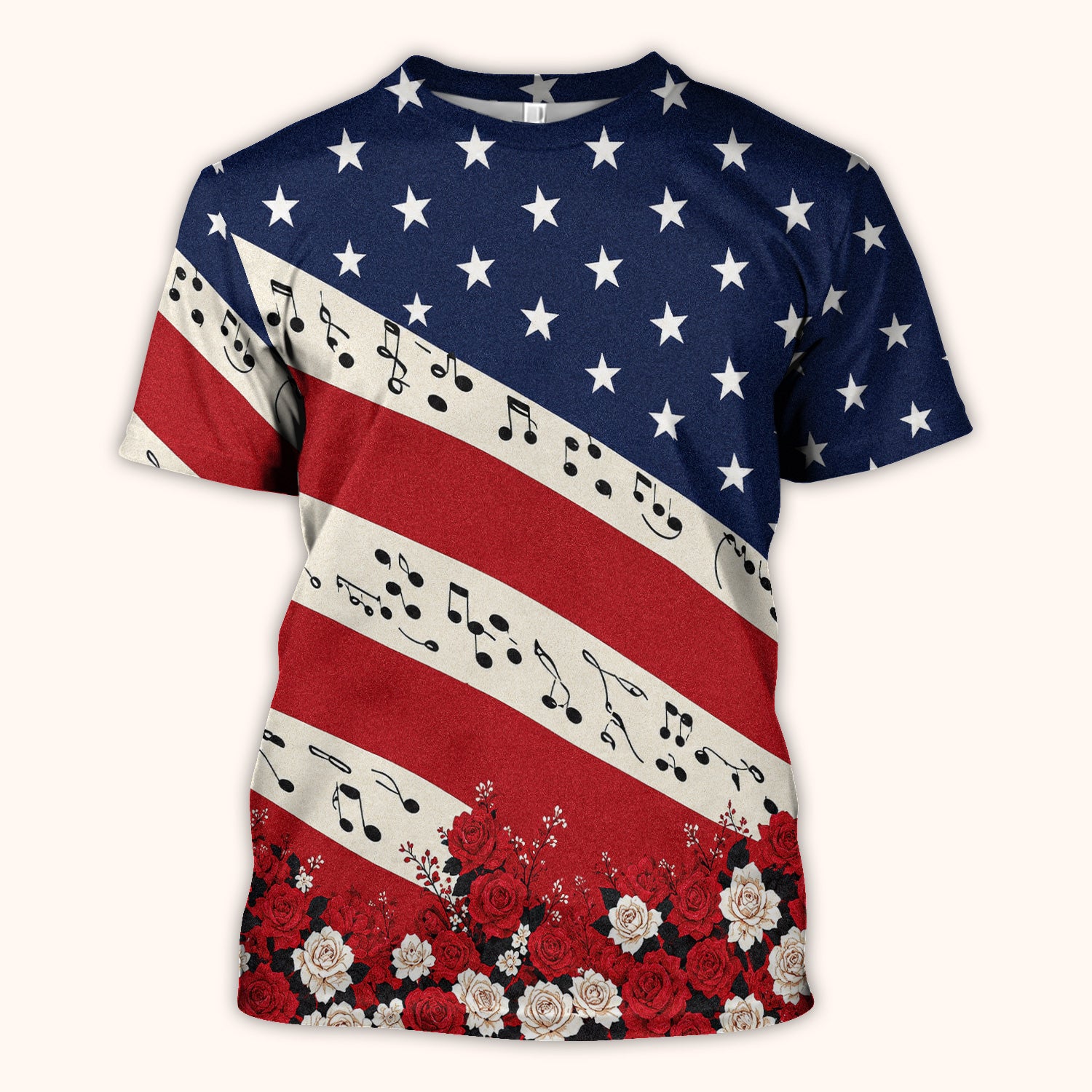 Patriotic Music Notes Nurse Scrub Top for RN, CNA, Healthcare Workers, Floral USA Uniform Scrub Top, Comfortable Scrubs for Nurses