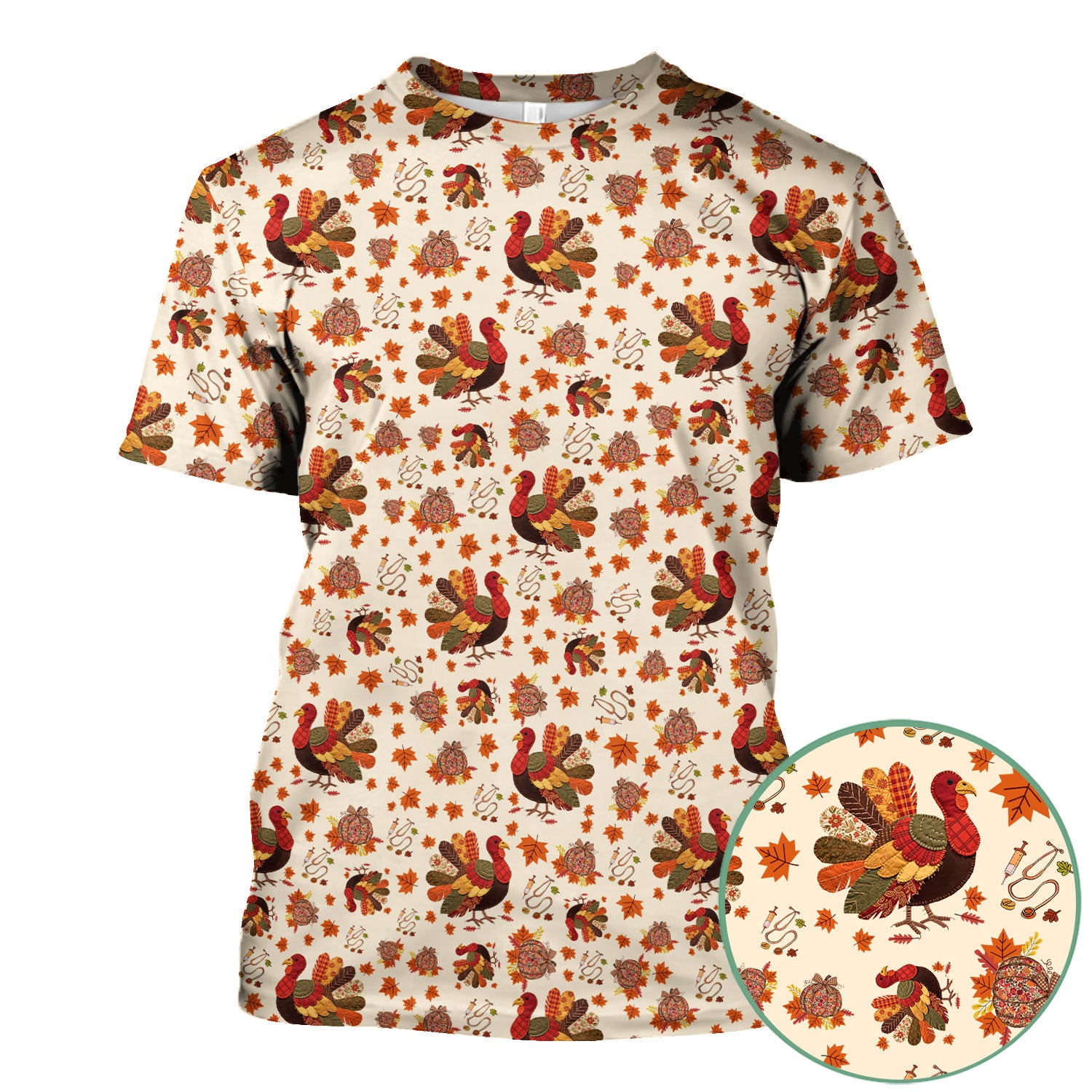 Thanksgiving Turkey Nurse Scrub Top for Women - Fall Leaves Pattern Shirts - Autumn Nursing Uniform Gift for RN LPN CNA