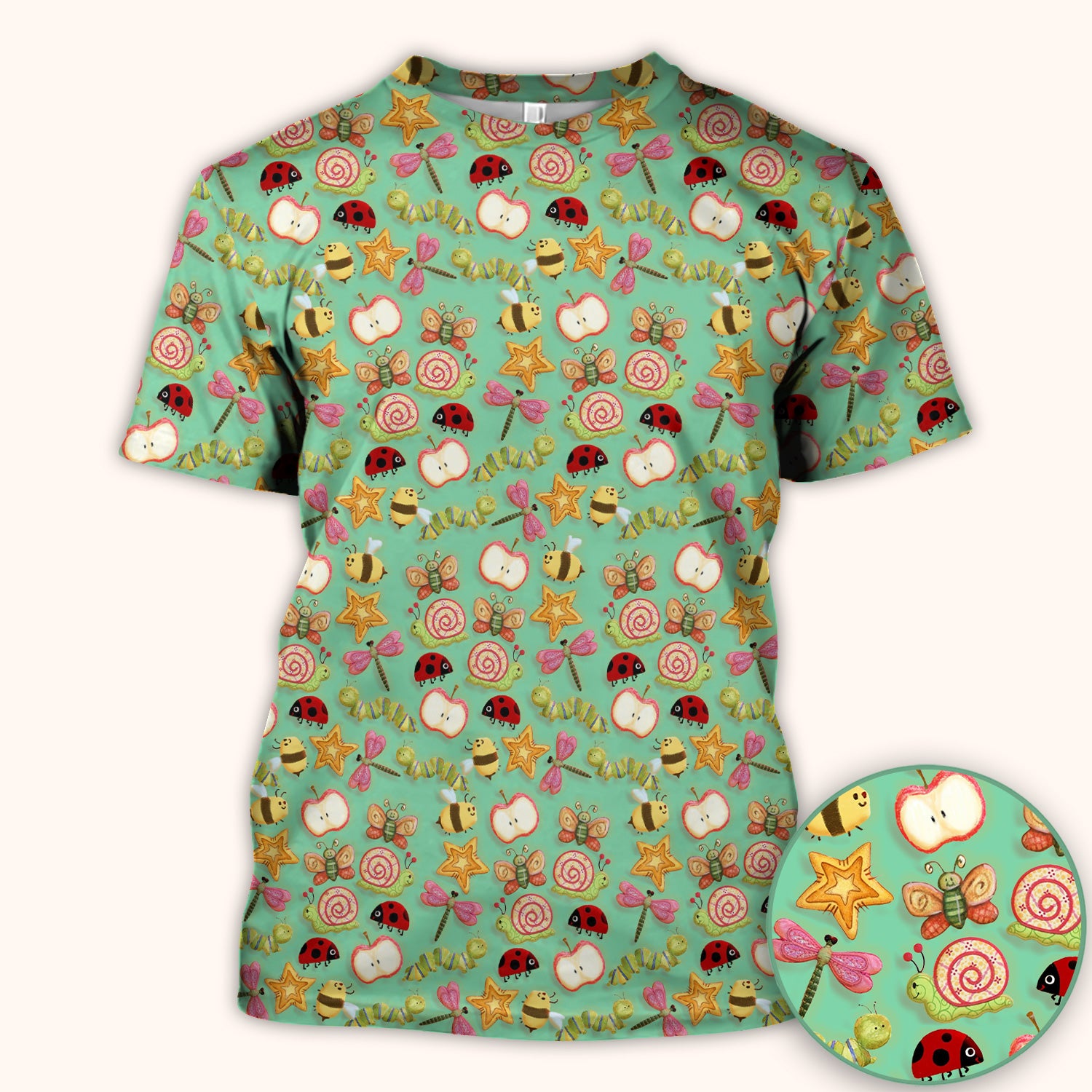 Cute Nurse Snail Ladybug Caterpillar Apple Garden Pattern Scrub Top, Breathable Fabrics Nursing Uniform