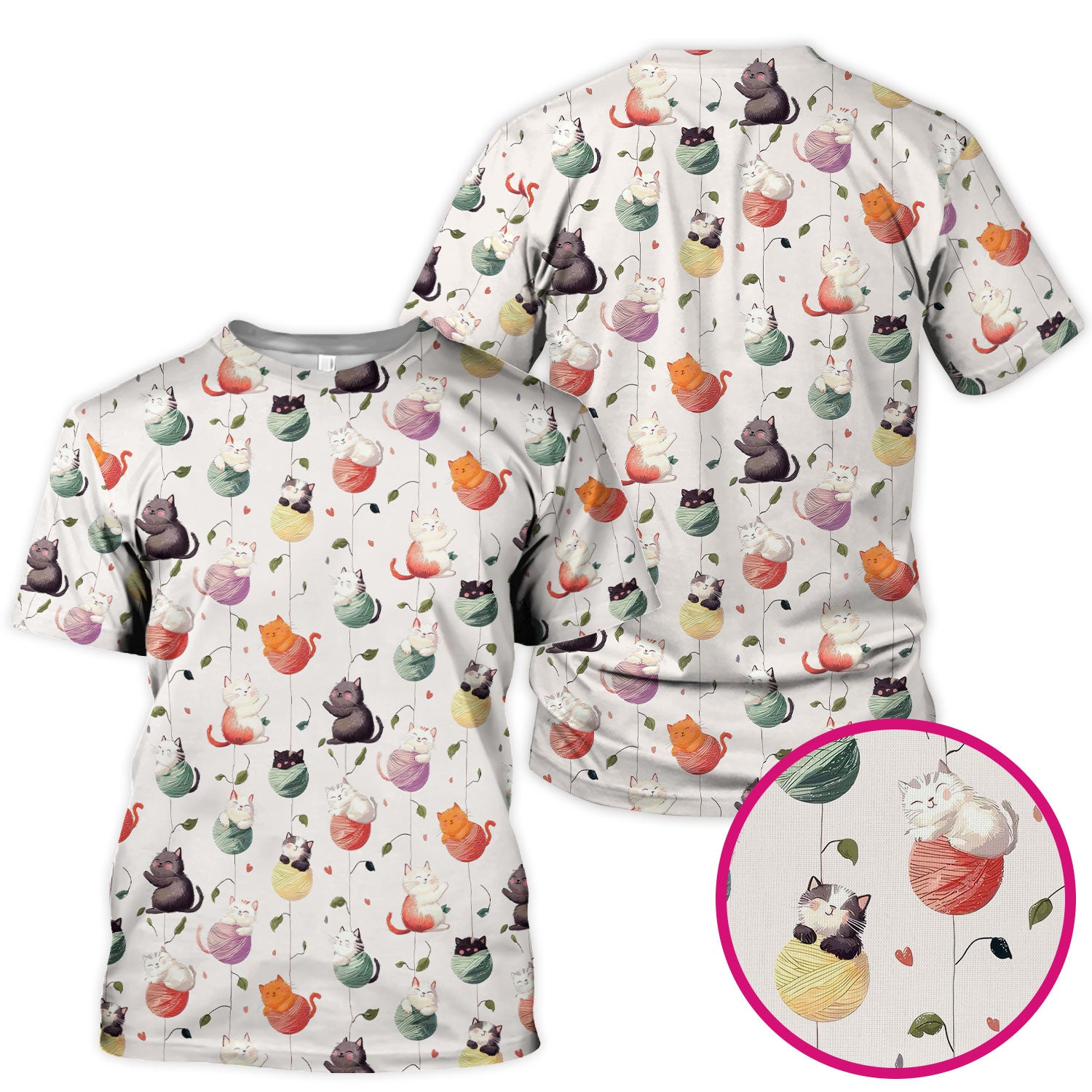 Cute Cats Playing Yarn Balls Pattern Print Scrub Top, Comfortable Scrubs for Nurses