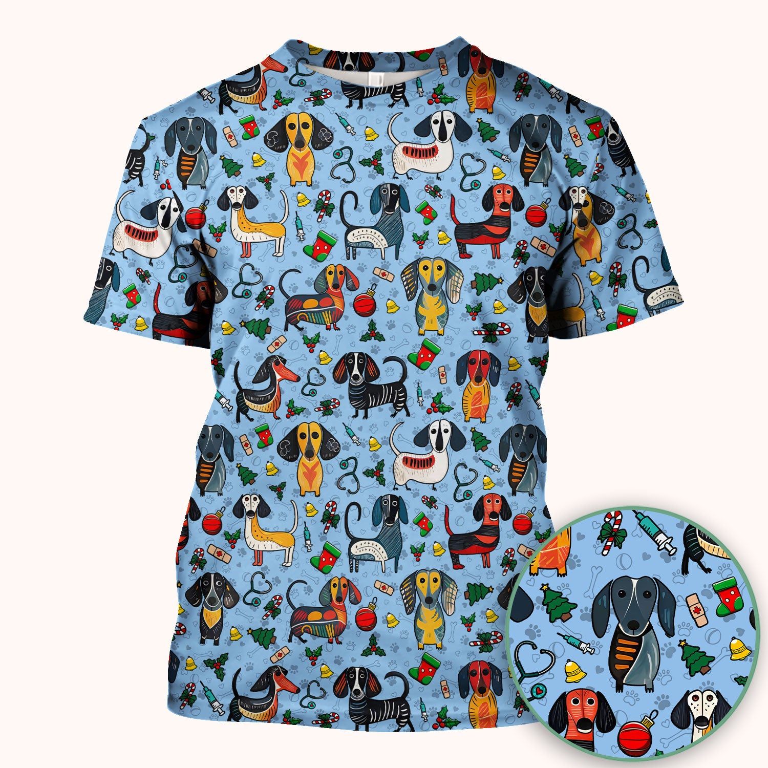 Christmas Wiener Dog Scrub Top - Funny Sausage Dog Nurse Shirt for Women - Holiday Medical Uniform