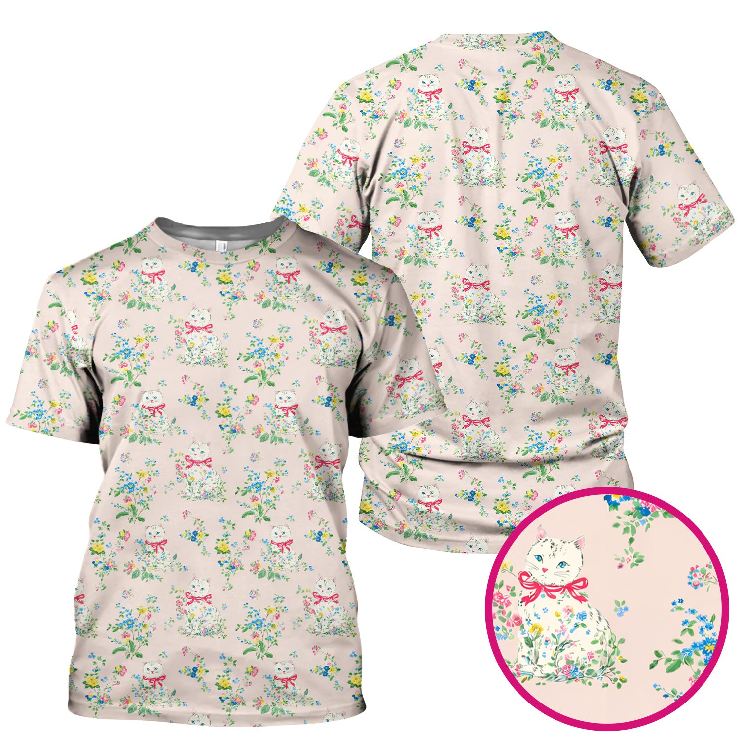 Vintage Floral Cat Print Scrub Top, Comfortable Scrubs for Nurses