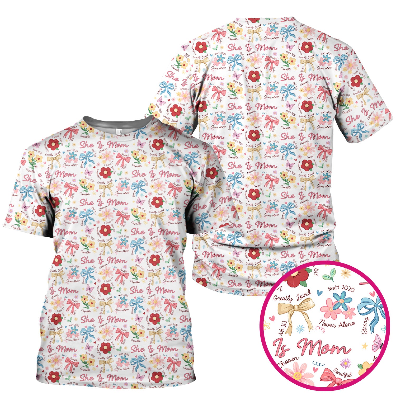 She Is Mom Floral Bow Pattern Scrub Top, Comfortable Scrubs for Nurses