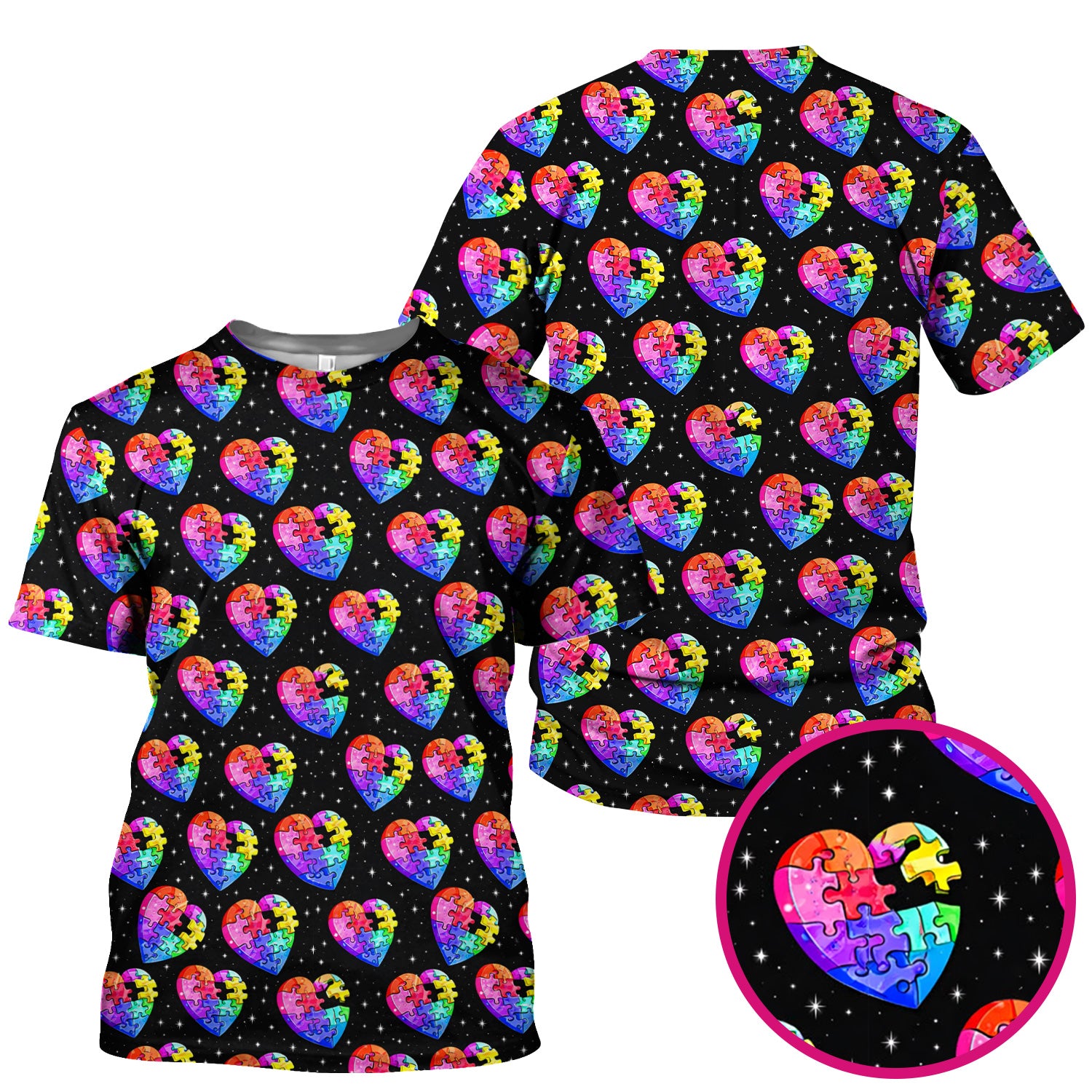 Rainbow Autism Puzzle Heart Pattern Scrub Top, Starry Sky Medical Uniform for Nurses