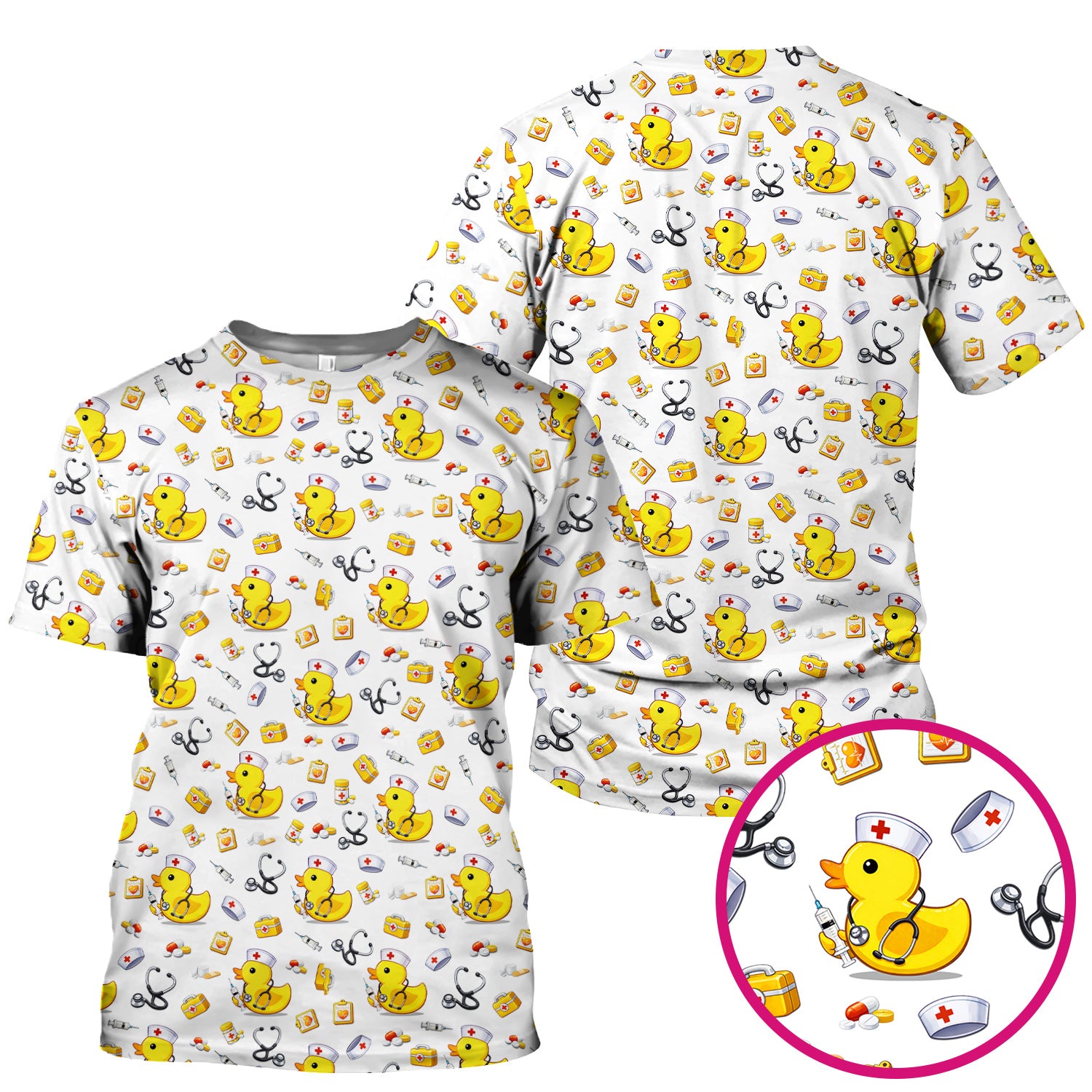 Playful Medical Duck Print Nurse Scrub Top, Comfortable Scrubs for Nurses
