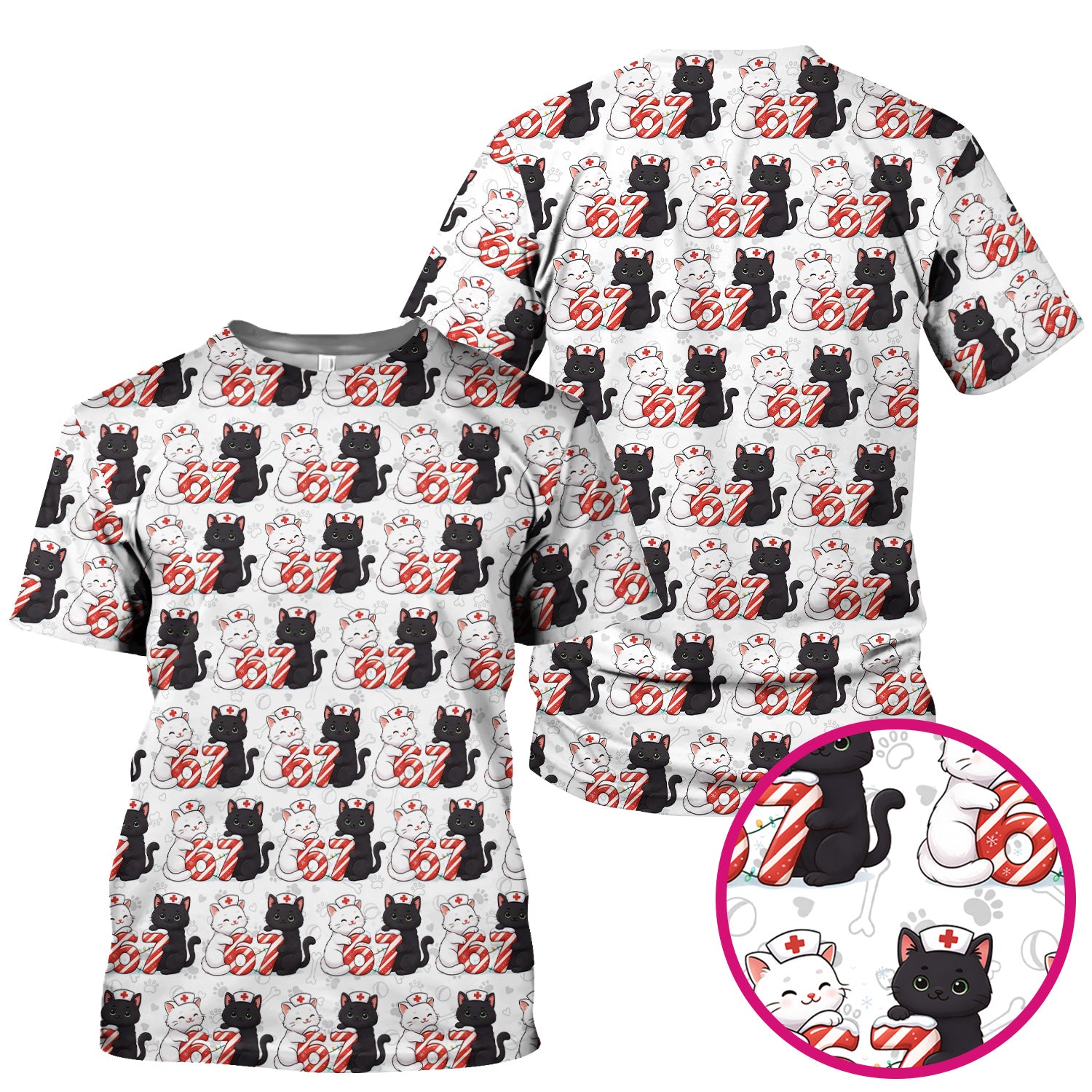 Xmas Cat Pattern Scrub Top, Christmas Nurse Six Seven With Cat Scrub Shirt, Breathable Fabrics Nursing Uniform