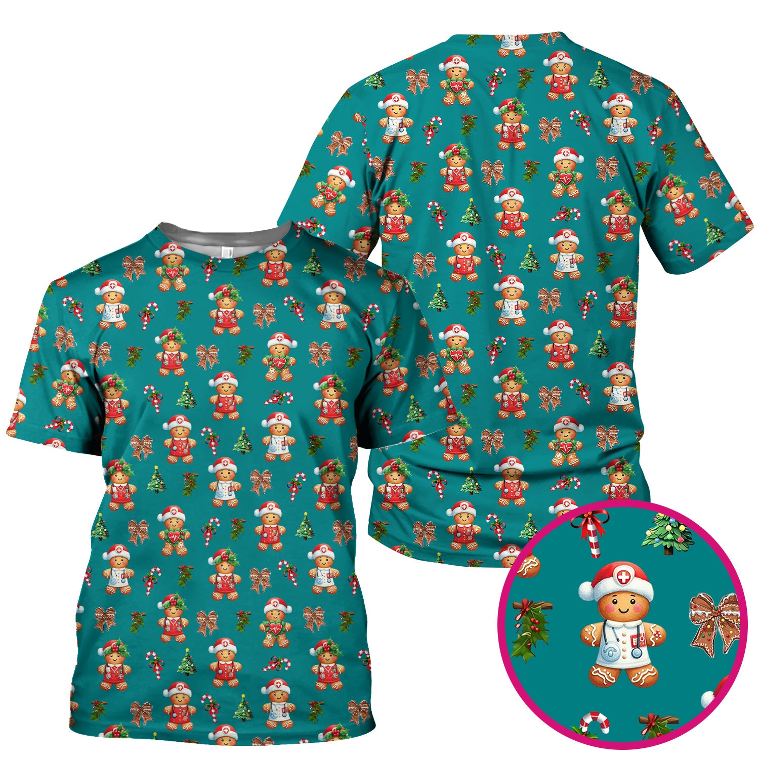 Funny Christmas Scrub Top for Nurse - Adorable Gingerbread Candy Cane Bow- Festive Medical Uniform for Women