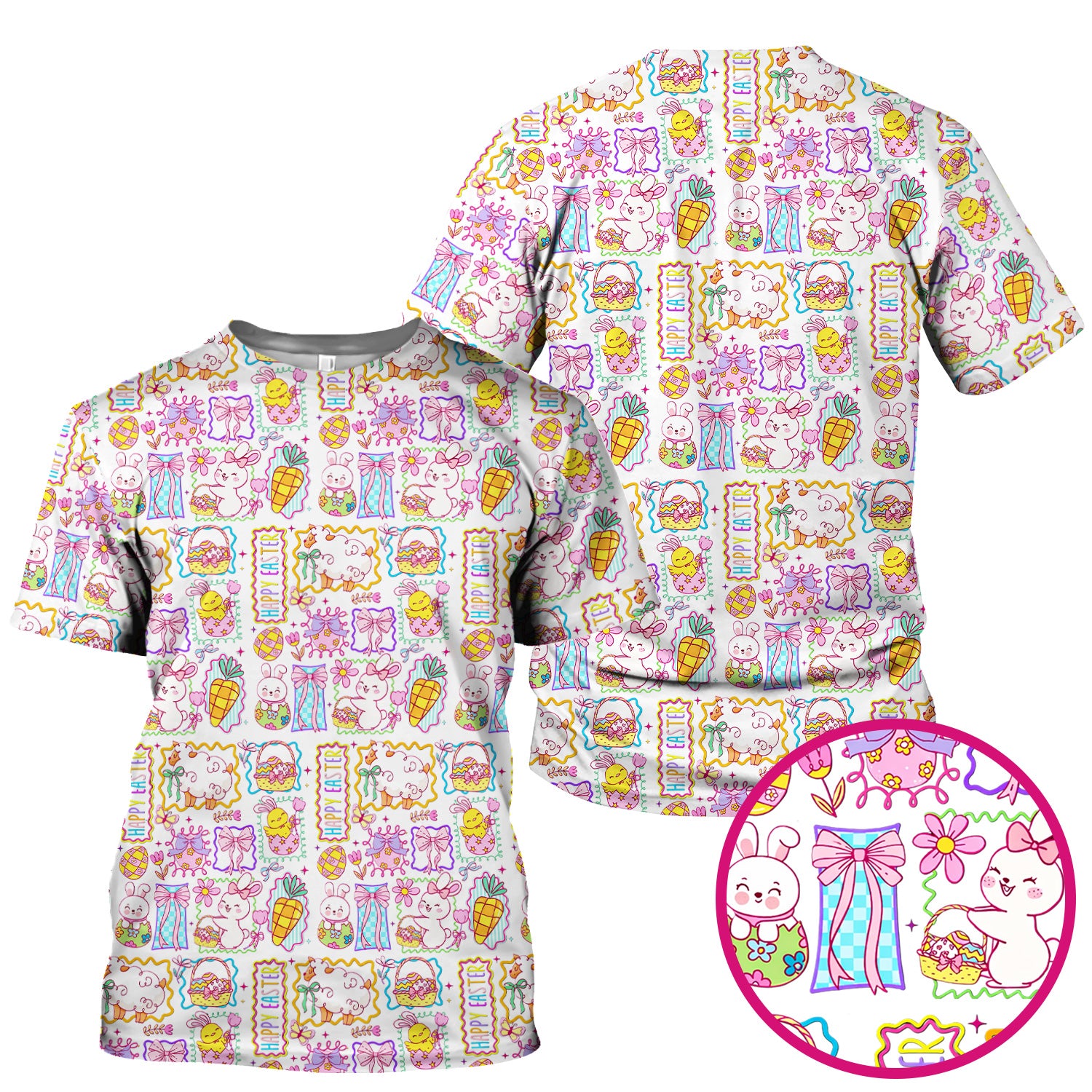 Cute Easter Bunny Egg and Bow Print Scrub Top, Breathable Fabrics Nursing Uniform