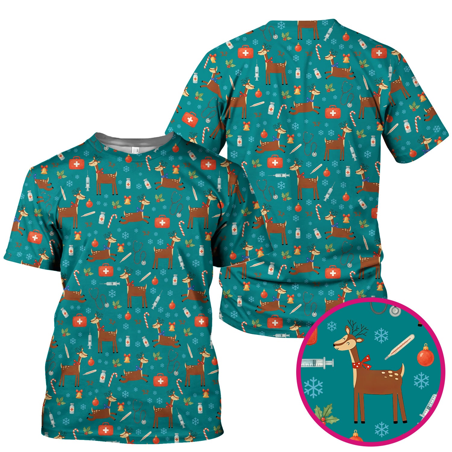 Reindeer Christmas Scrub Top - Snowflakes Candy Canes Holiday Medical Shirt - Xmas Scrubs for Women RN CNA LPN