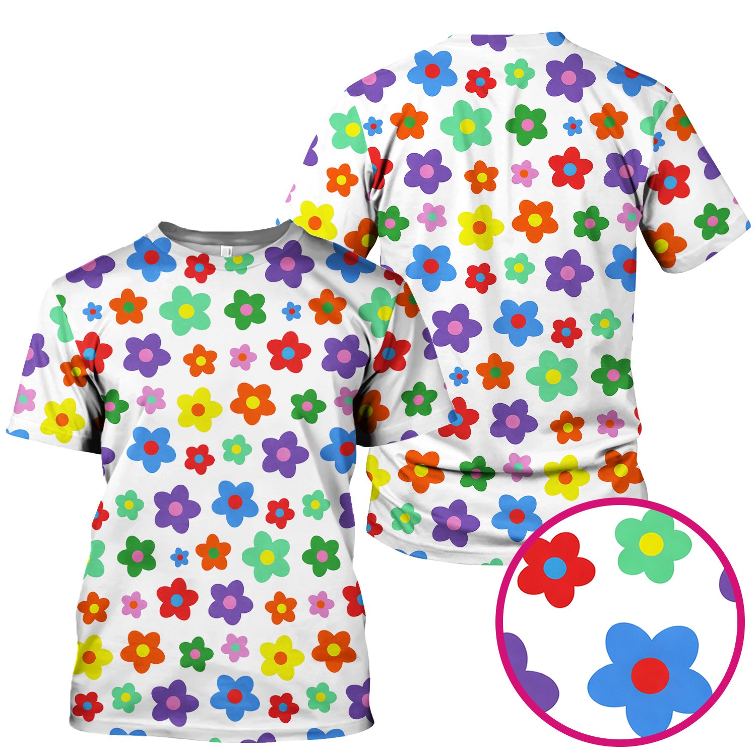 Colorful Retro Flower Pattern Print Scrub Top, Breathable Fabrics Nursing Uniform