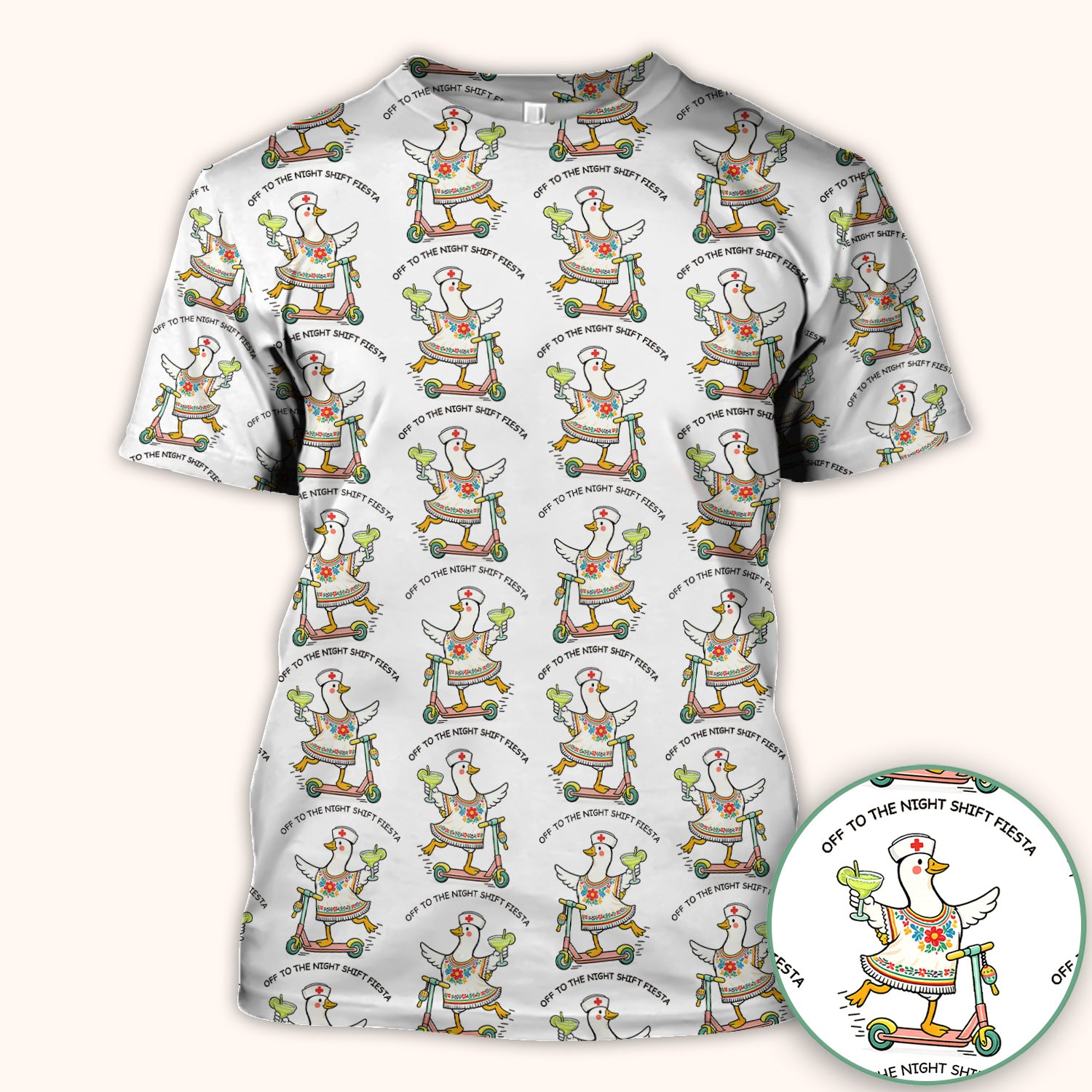 Funny Duck Scooter Night Shift Fiesta Scrub Top, Comfortable Scrubs for Nurses