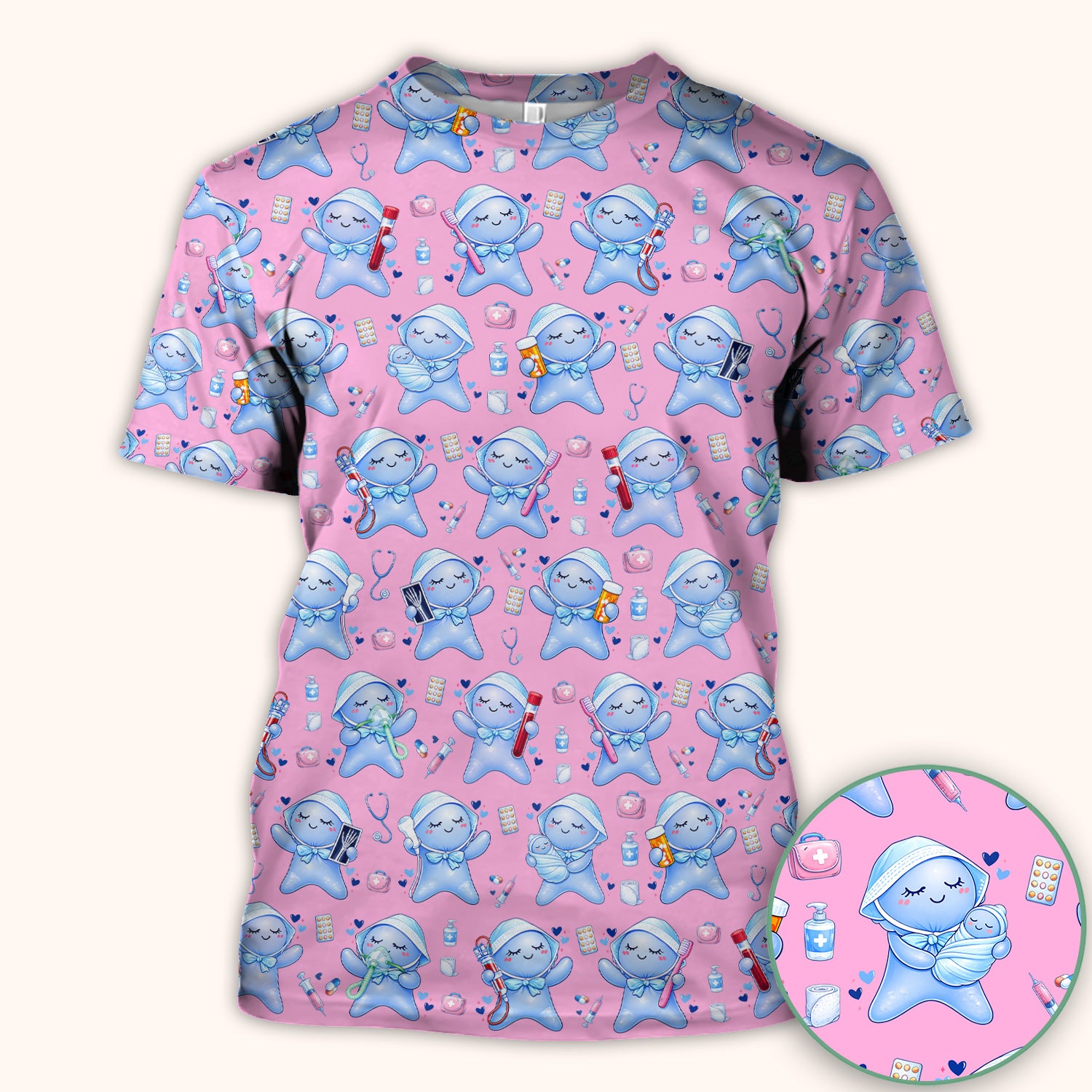 Cute Tooth Character Dental Tools Caring Pattern Scrub Top, Breathable Fabrics Nursing Uniform