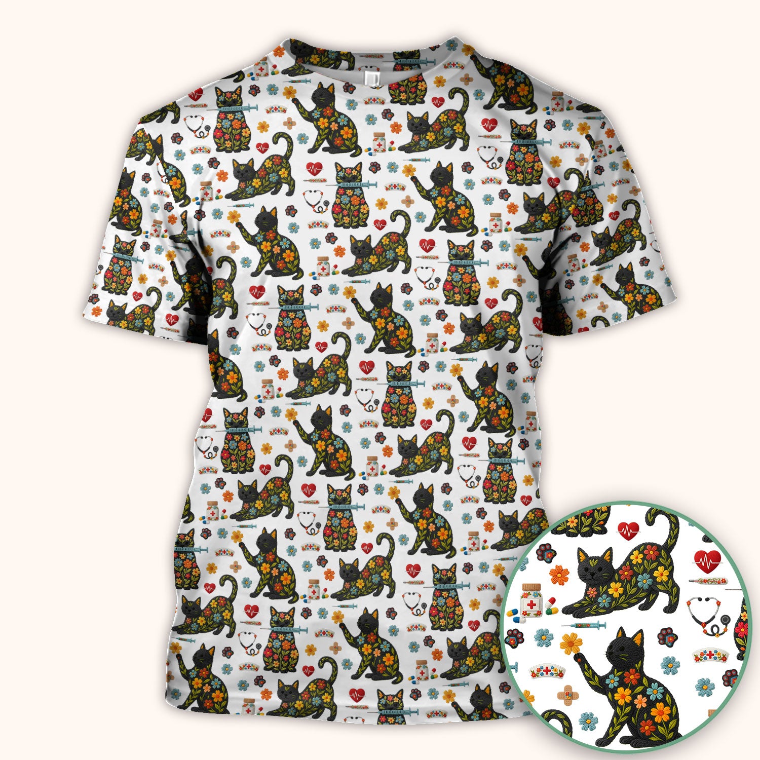 Floral Black Cat Pattern Scrub Top, Cute Cat Nurse Scrub Shirt, Medical Nursing Uniform