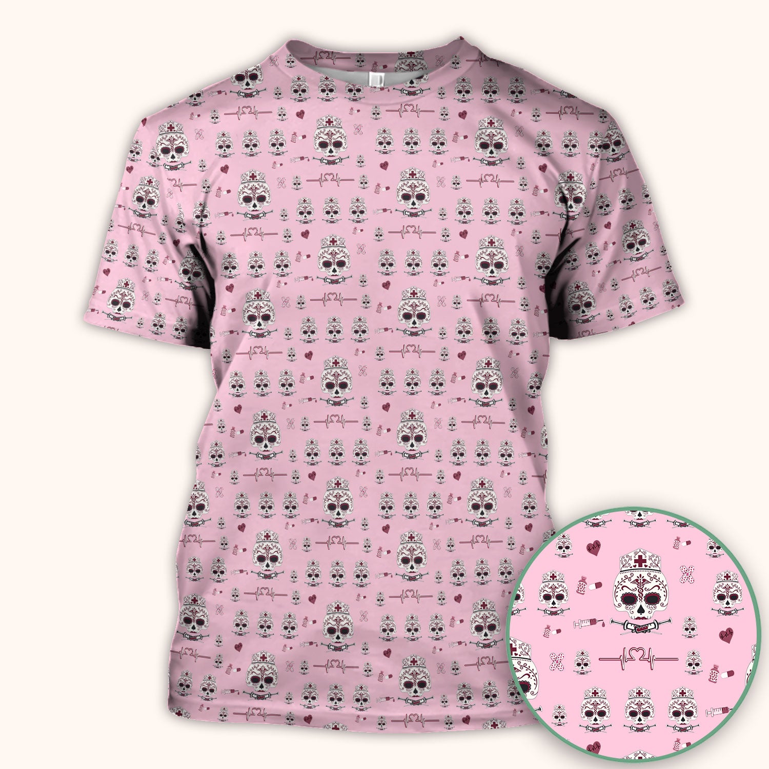 Sugar Skull Scrub Top, Skull Pattern Scrub Shirt, Breathable Fabrics Nursing Uniform