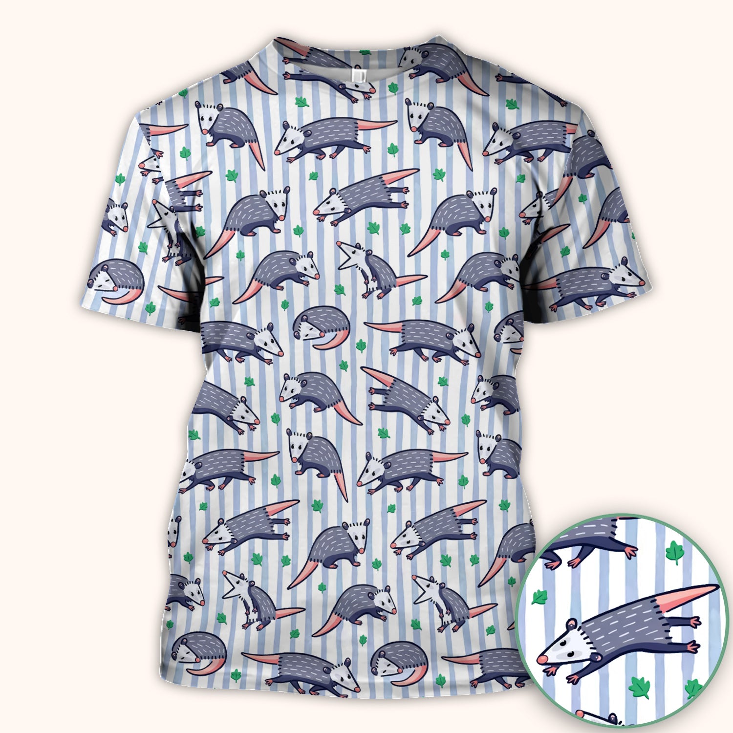 Cute Opossum Blue Stripe Pattern Scrub Top, Breathable Fabrics Nursing Uniform