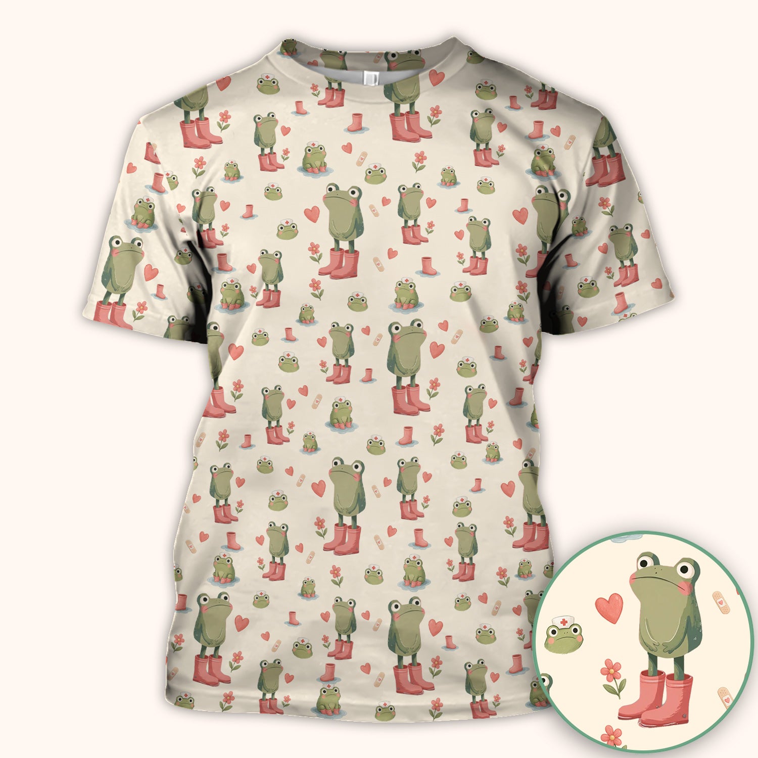 Adorable Frog Boots Heart Pattern Scrub Top, Comfortable Scrubs for Nurses