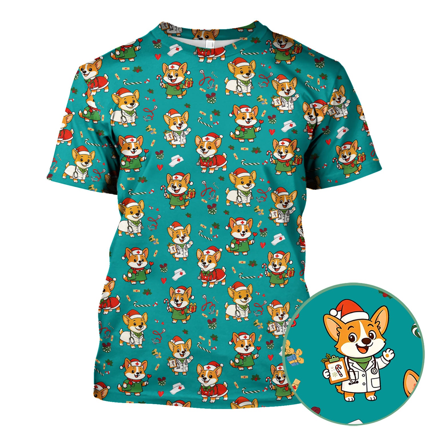 Cute Christmas Corgi Scrub Top - Cute Holiday Dog Nurse Uniform - Funny Medical Top Gift for RN CNA LPN Nursing Students