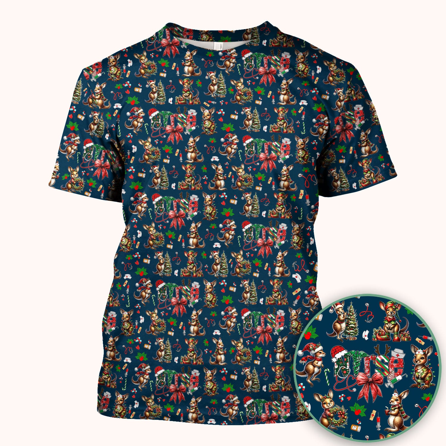 Whimsical Kangaroo Christmas Scrub Top – Festive Australian Animals Holiday Pattern – Cute Medical Uniform for Nurses, Vets & Healthcare Workers