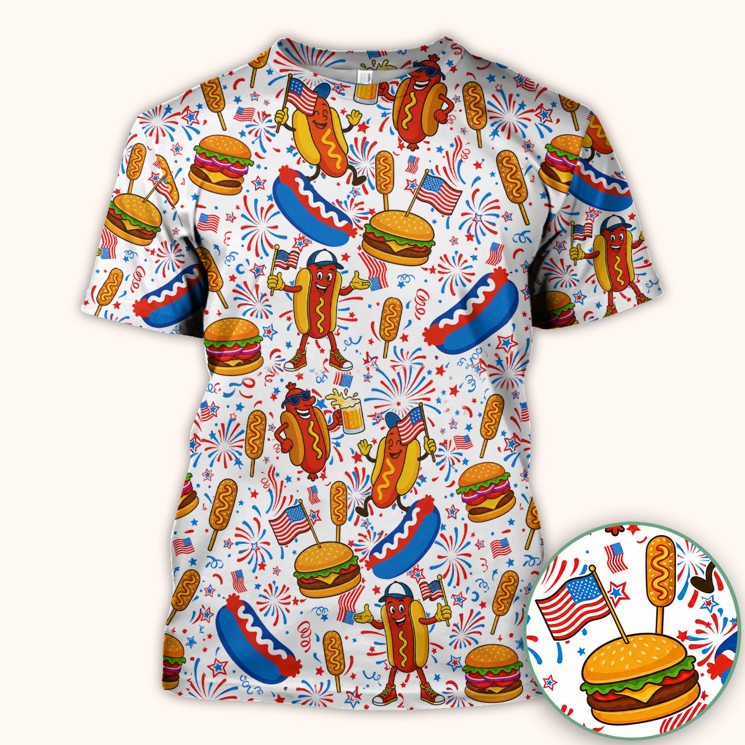 Patriotic Hot Dog Burger Fireworks Scrub Top, Comfortable Scrubs for Nurses