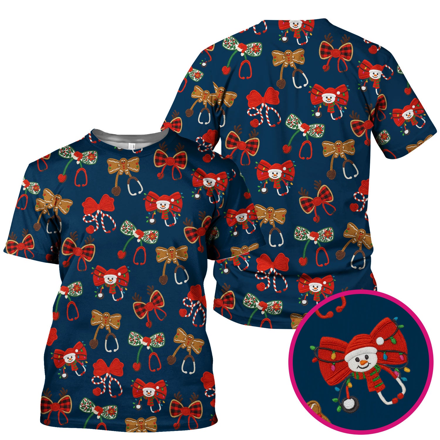Christmas Stethoscope Bow Nurse Scrub Top, Xmas Pattern Scrub Shirt, Holiday Nursing Uniform